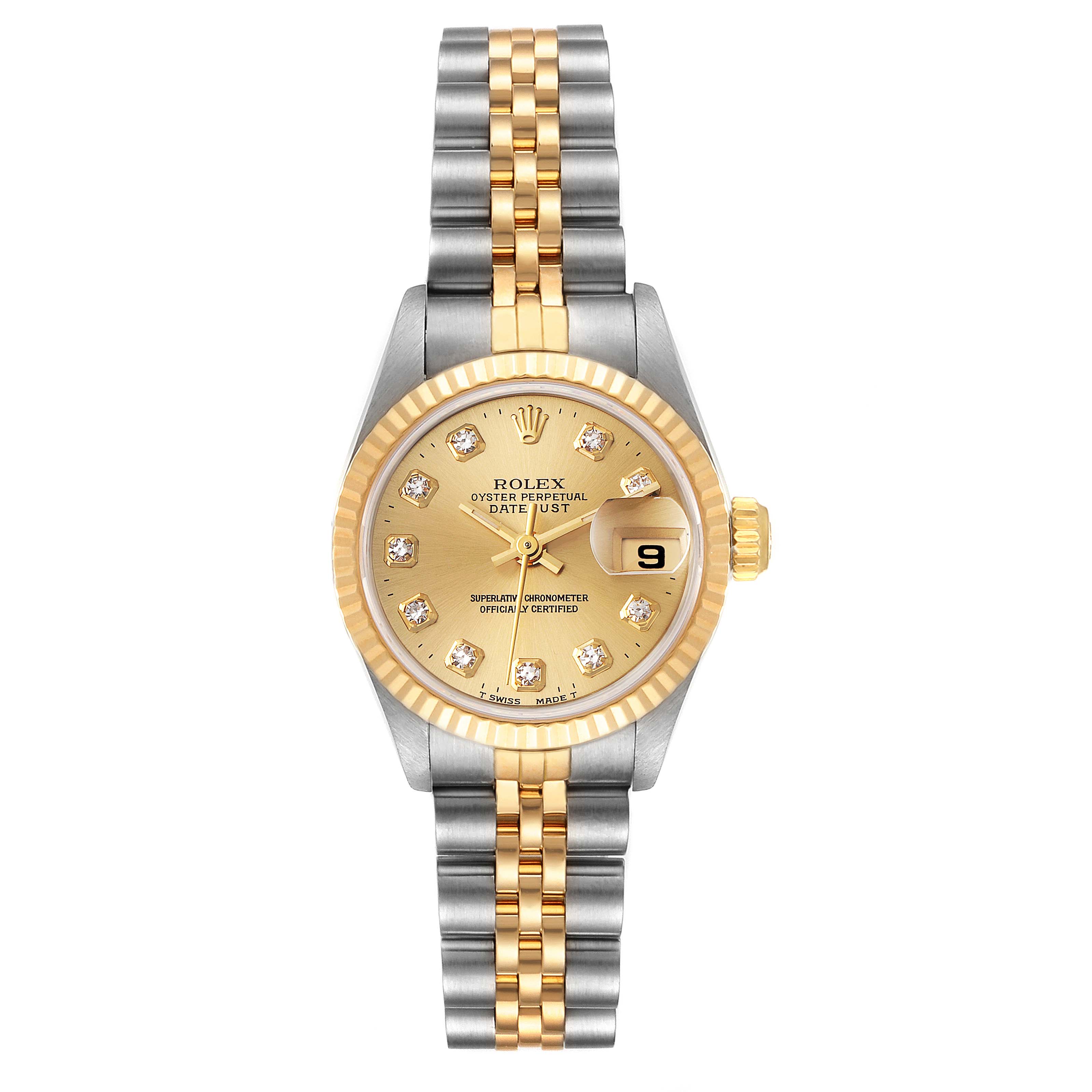 The image shows a frontal view of a Rolex Datejust 69173 Women
s Steel and Gold (two tone) Champagne Dial 69173 Women
s Steel and Gold (two tone) Champagne Dial watch, featuring a gold dial with diamond markers, a fluted bezel, and a two-tone bracelet.