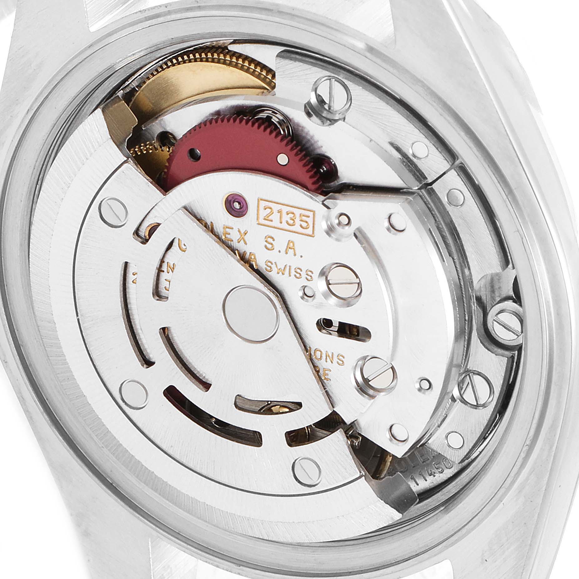 The image shows the detailed inner mechanism of a Rolex Datejust 69173 Women
s Steel and Gold (two tone) Champagne Dial 69173 Women
s Steel and Gold (two tone) Champagne Dial watch at a close-up angle.