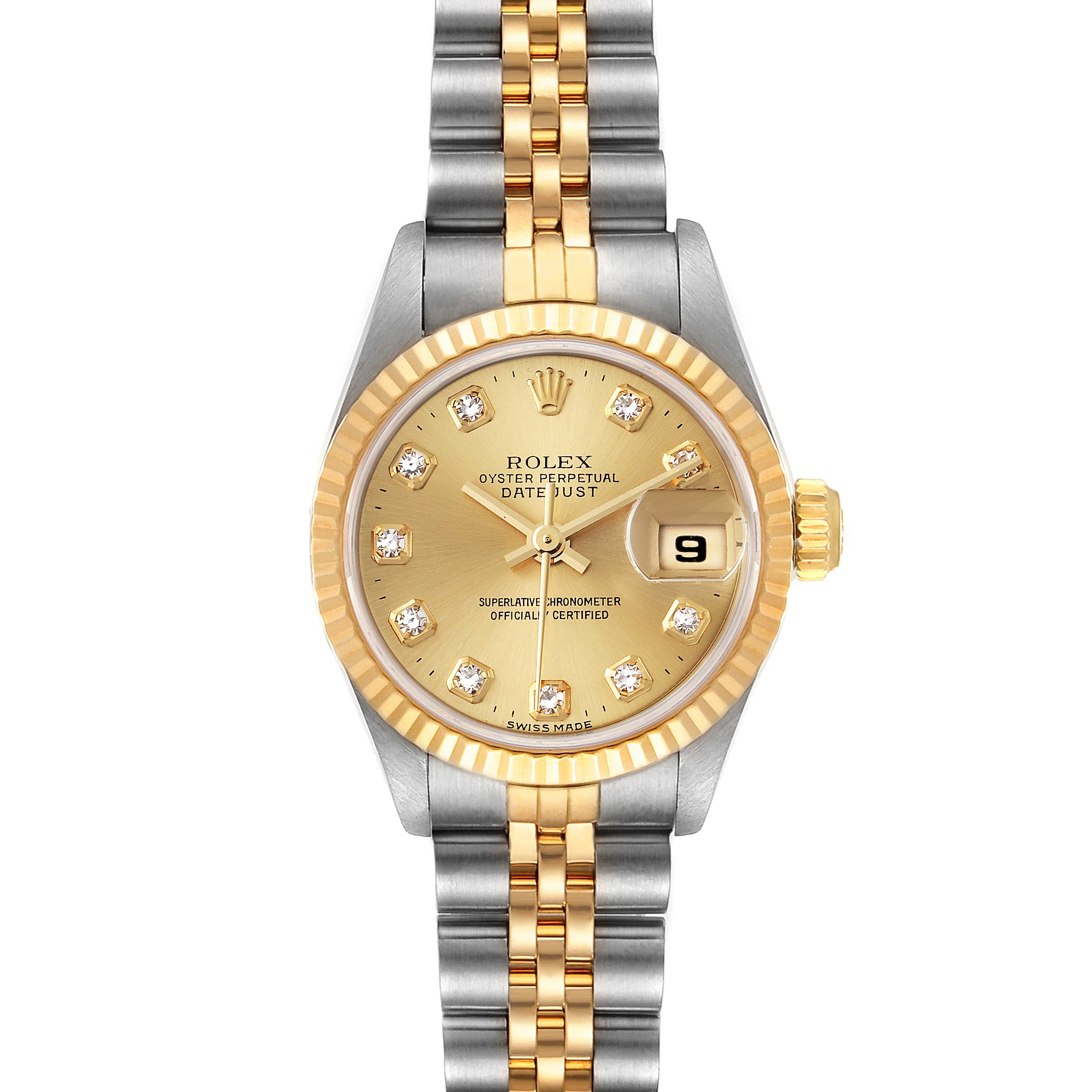 The image shows a Rolex Datejust 69173 Women
s Steel and Gold (two tone) Champagne Dial 69173 Women
s Steel and Gold (two tone) Champagne Dial watch with a gold and silver jubilee bracelet and a champagne dial viewed from the front.