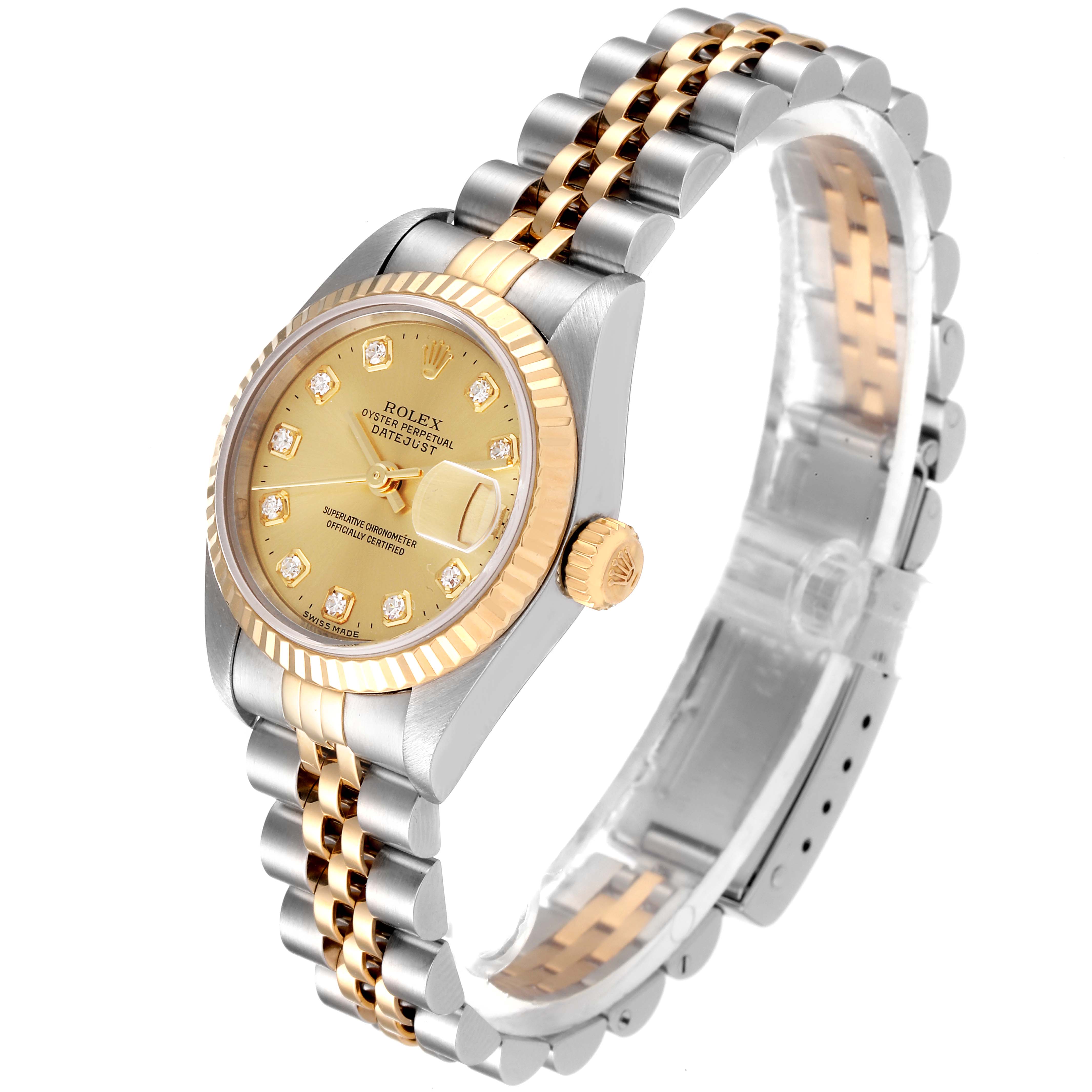 The Rolex Datejust 69173 Women
s Steel and Gold (two tone) Champagne Dial 69173 Women
s Steel and Gold (two tone) Champagne Dial watch is shown at a front-angle, displaying the face, bezel, bracelet, and crown.