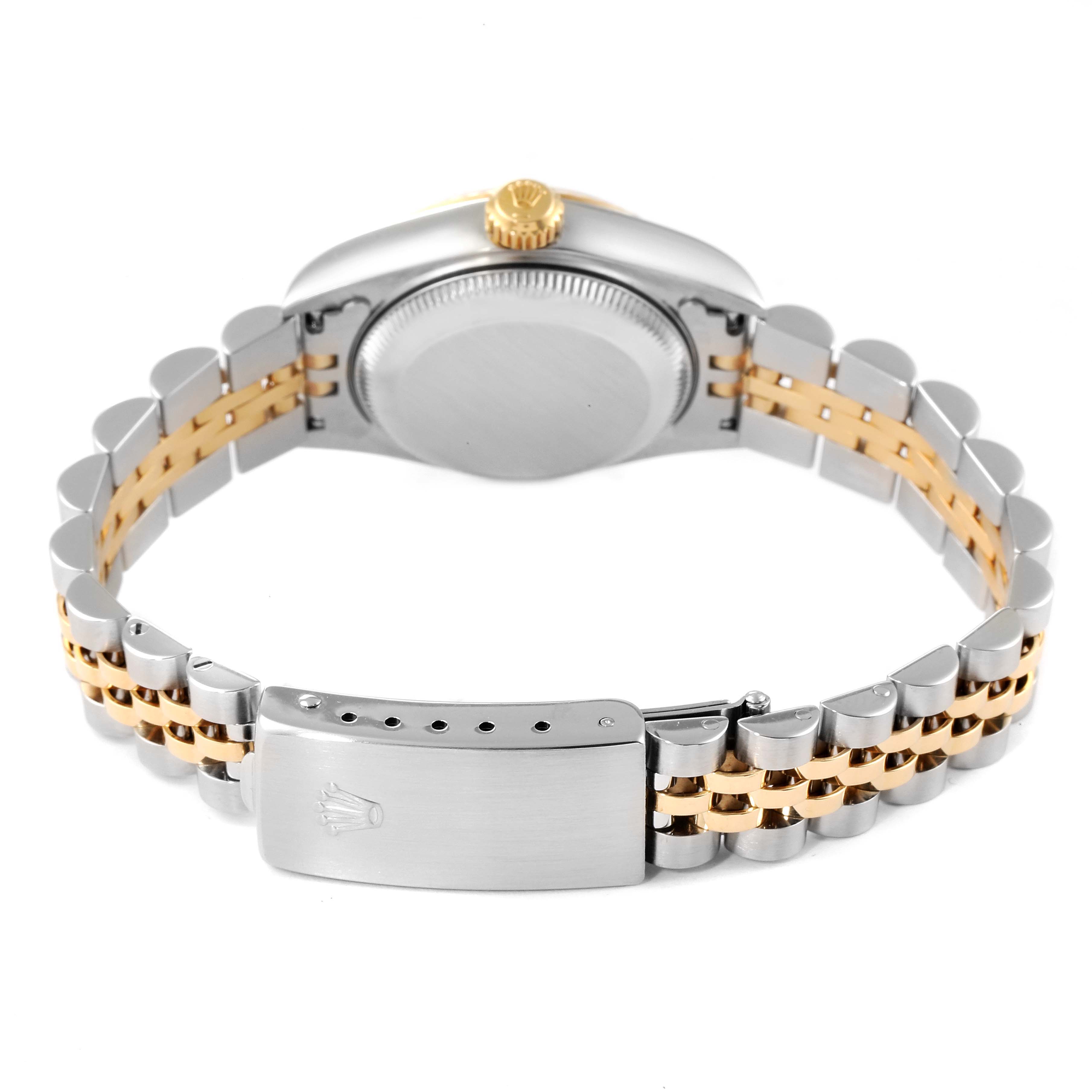 This image shows the back view of a Rolex Datejust 69173 Women
s Steel and Gold (two tone) Champagne Dial 69173 Women
s Steel and Gold (two tone) Champagne Dial watch, including the case back, crown, and two-tone Jubilee bracelet.