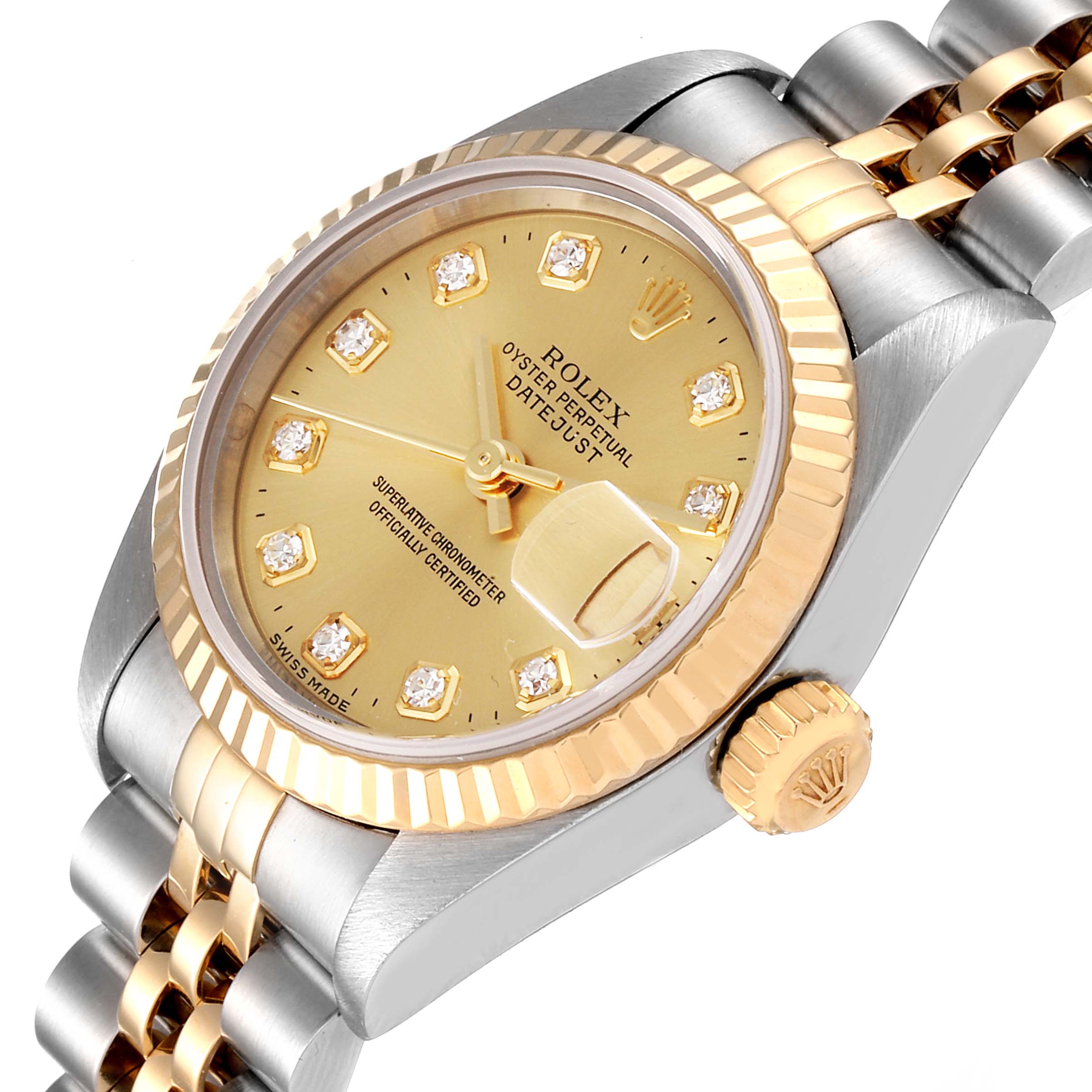 The image shows a close-up angle of a Rolex Datejust 69173 Women
s Steel and Gold (two tone) Champagne Dial 69173 Women
s Steel and Gold (two tone) Champagne Dial watch focusing on its dial, bezel, crown, and bracelet.