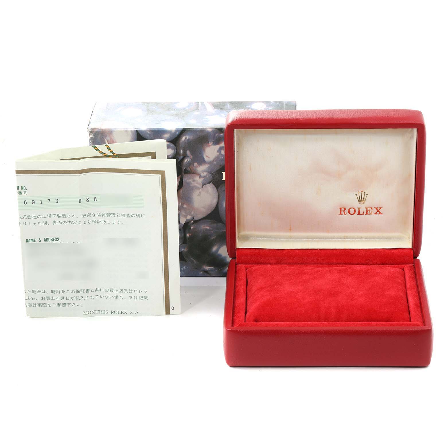 The image shows a Rolex Datejust 69173 Women
s Steel and Gold (two tone) Champagne Dial 69173 Women
s Steel and Gold (two tone) Champagne Dial model watch box and warranty card, viewed from the front.