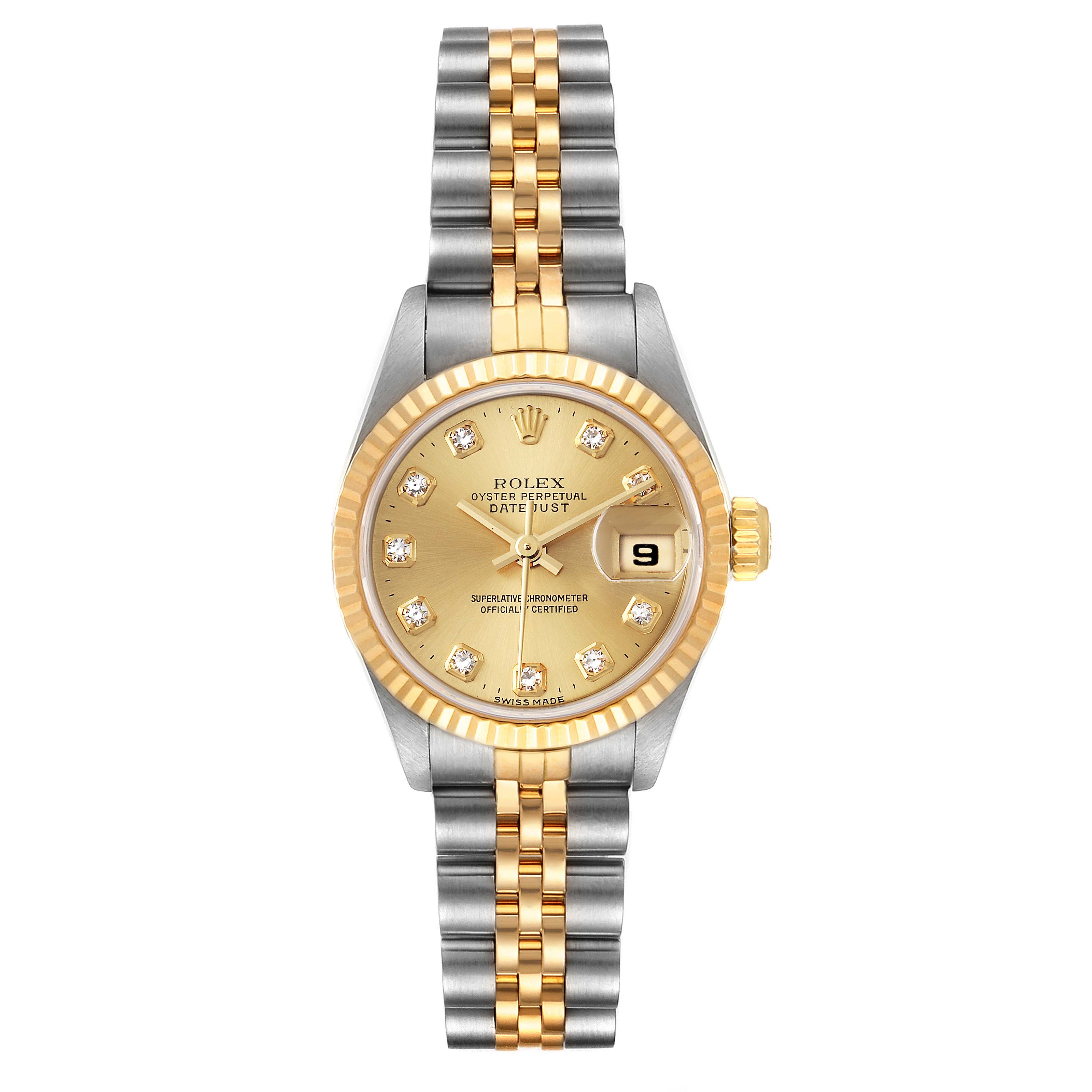 The image shows a front view of a Rolex Datejust 69173 Women
s Steel and Gold (two tone) Champagne Dial 69173 Women
s Steel and Gold (two tone) Champagne Dial watch, featuring a two-tone band, gold bezel, and diamond hour markers.