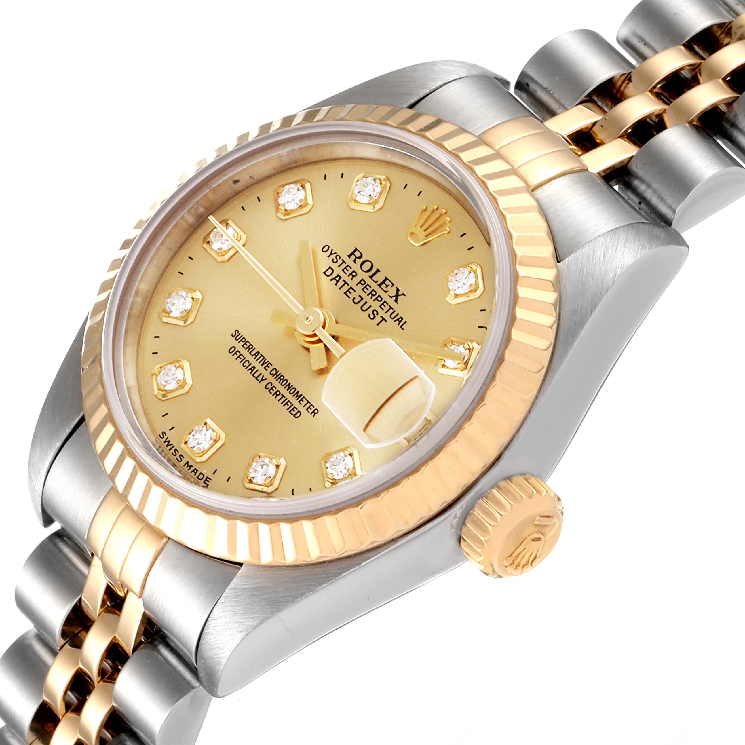 This image shows a close-up angled view of a Rolex Datejust 69173 Women
s Steel and Gold (two tone) Champagne Dial 69173 Women
s Steel and Gold (two tone) Champagne Dial watch, highlighting the face, bezel, crown, and part of the bracelet.