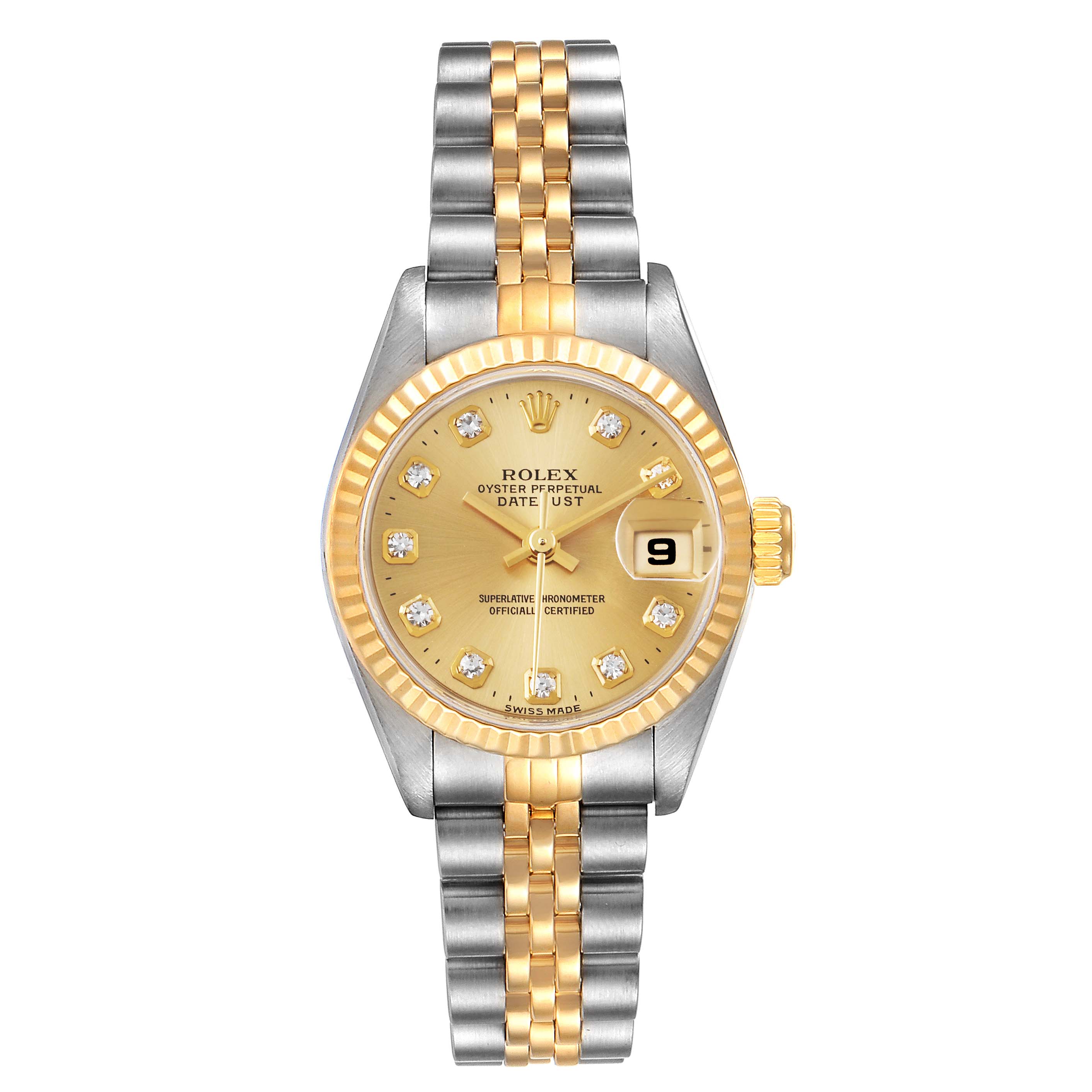 The image shows a Rolex Datejust 69173 Women
s Steel and Gold (two tone) Champagne Dial 69173 Women
s Steel and Gold (two tone) Champagne Dial watch, featuring a gold dial, a two-tone gold and silver bracelet, and a fluted bezel.