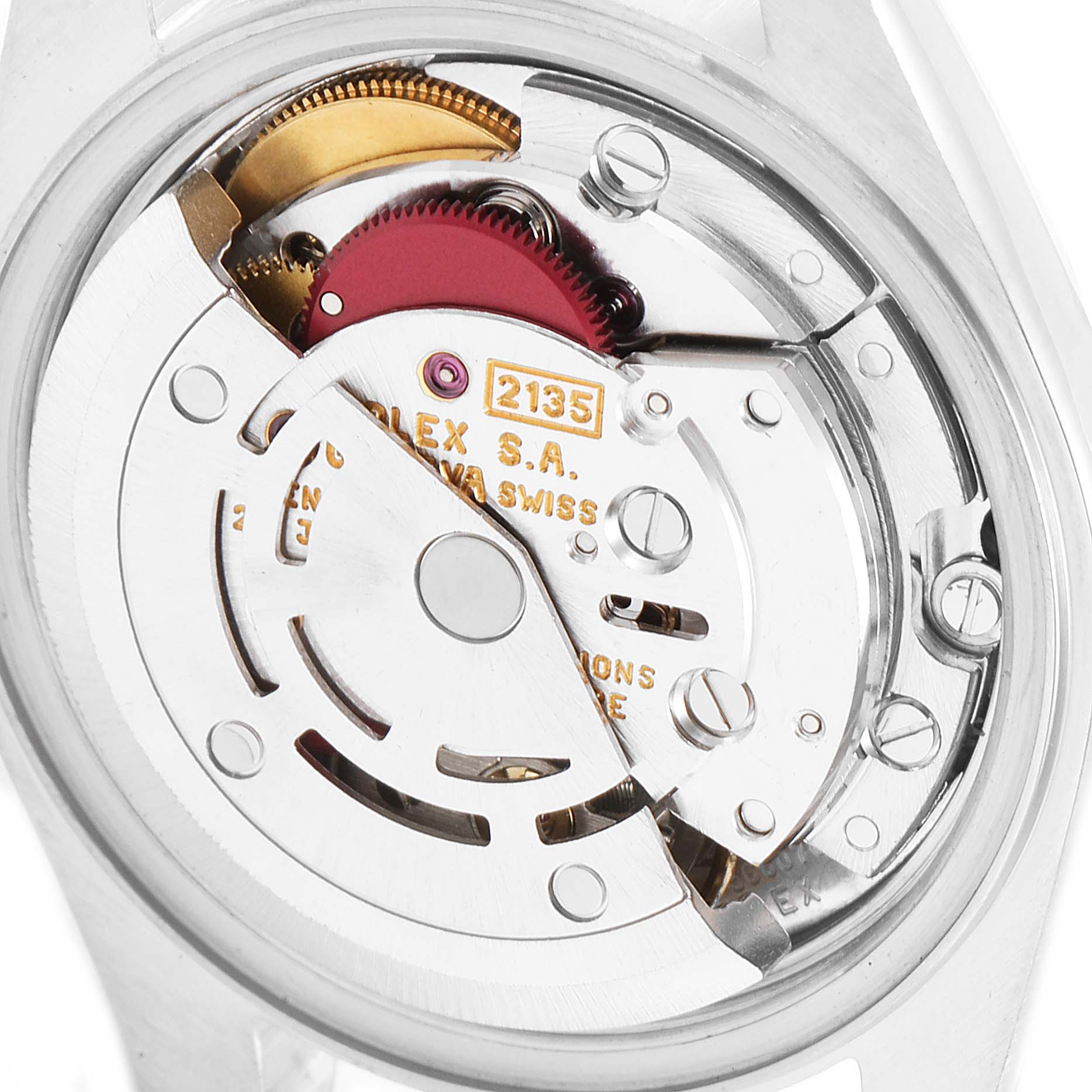 The image shows the movement and inner mechanism of the Rolex Datejust 69173 Women
s Steel and Gold (two tone) Champagne Dial 69173 Women
s Steel and Gold (two tone) Champagne Dial watch, including gears and inscriptions.