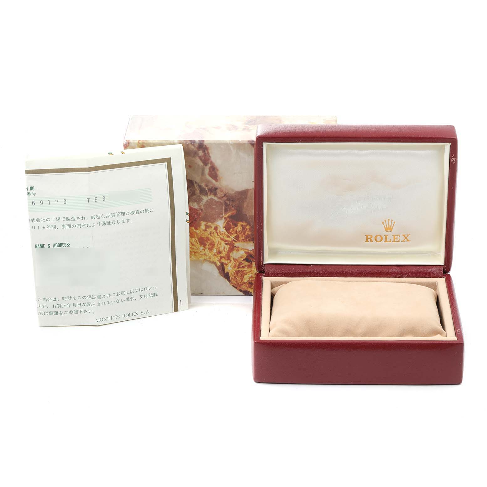 The image shows an open Rolex Datejust 69173 Women
s Steel and Gold (two tone) Champagne Dial 69173 Women
s Steel and Gold (two tone) Champagne Dial watch box, a pillow case, a certificate paper, and an outer cardboard box.