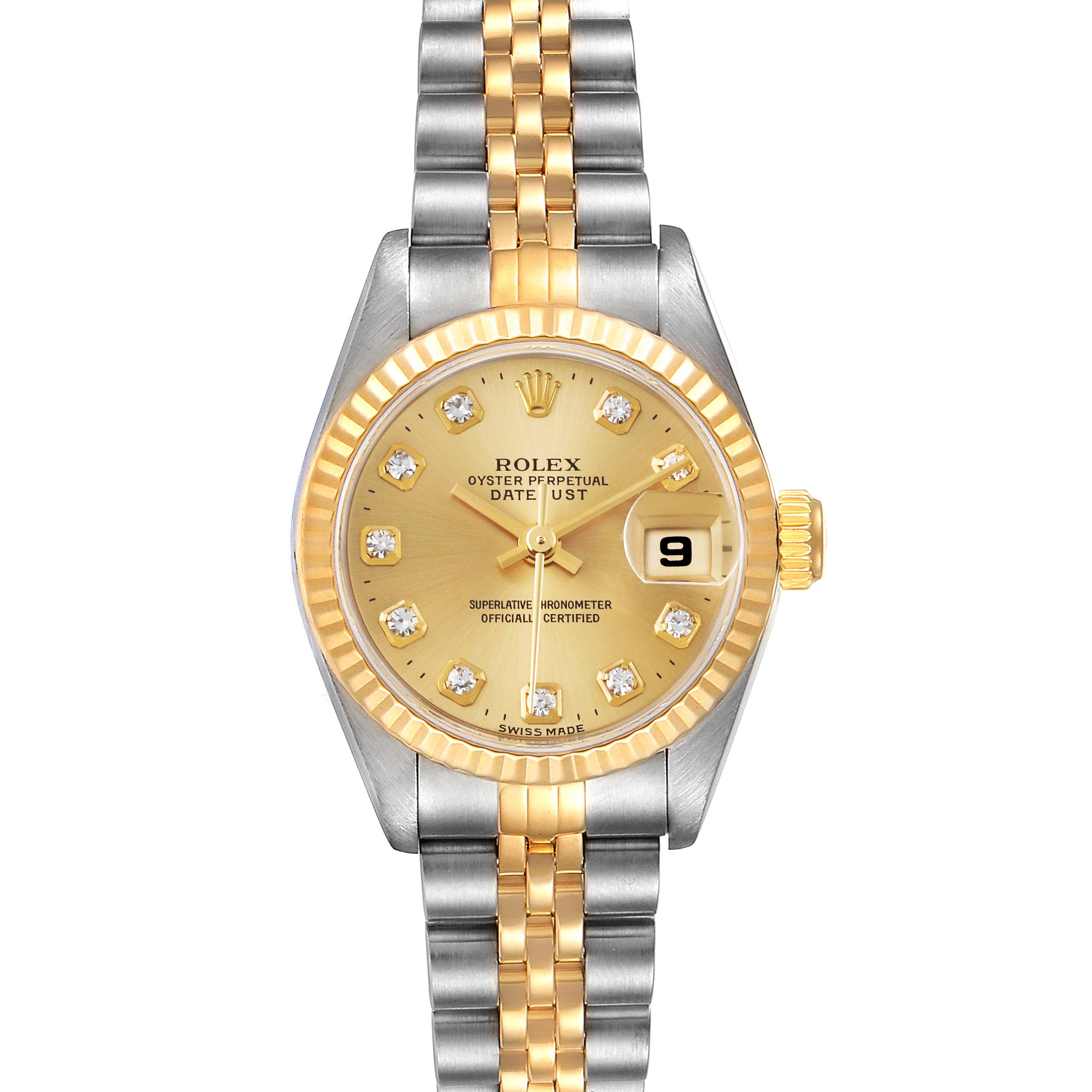The Rolex Datejust 69173 Women
s Steel and Gold (two tone) Champagne Dial 69173 Women
s Steel and Gold (two tone) Champagne Dial watch is shown from the front, displaying the gold dial, date window, and two-tone bracelet.