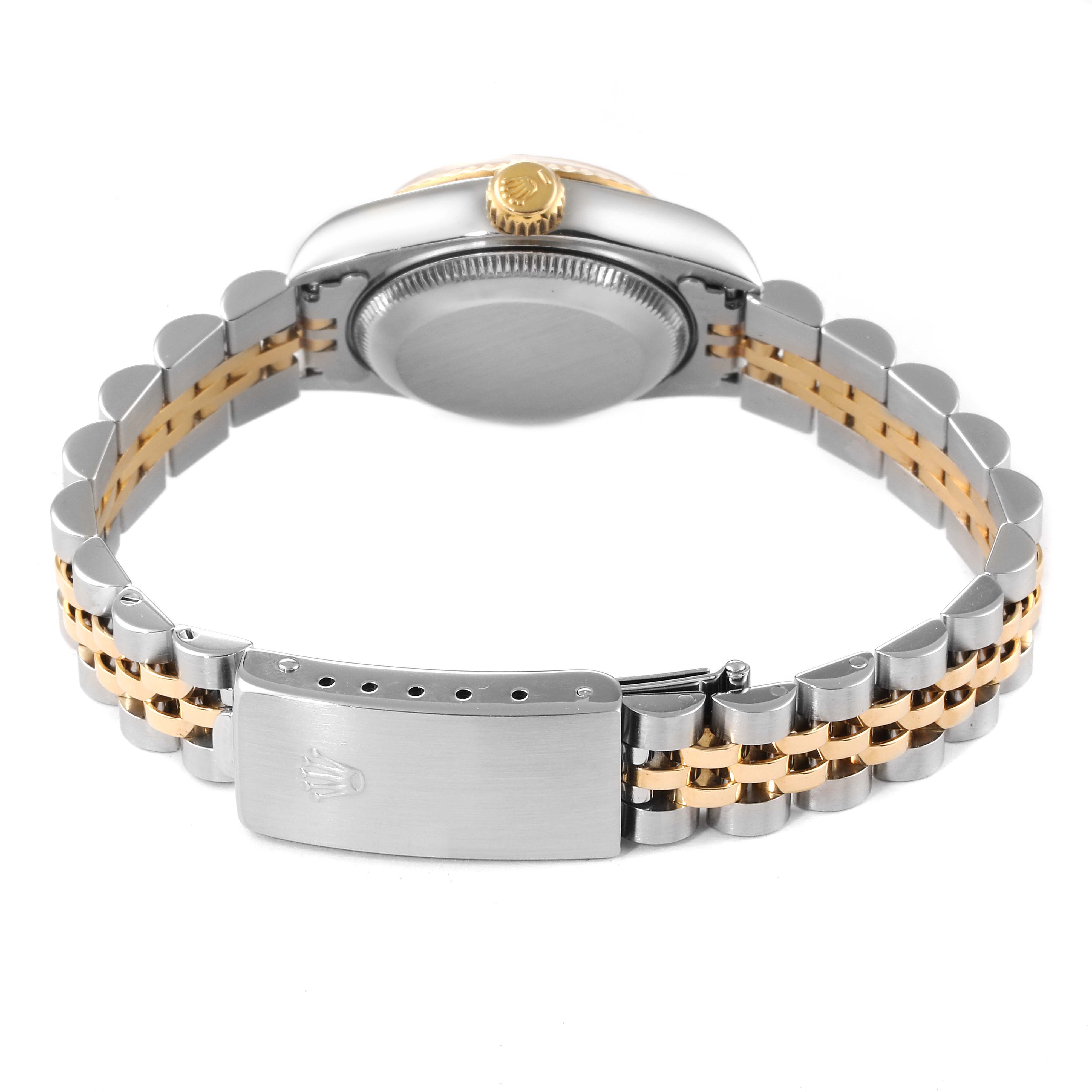 The image shows the back view of a Rolex Datejust 69173 Women
s Steel and Gold (two tone) Champagne Dial 69173 Women
s Steel and Gold (two tone) Champagne Dial watch, highlighting its case, crown, and two-tone metal bracelet with a clasp.
