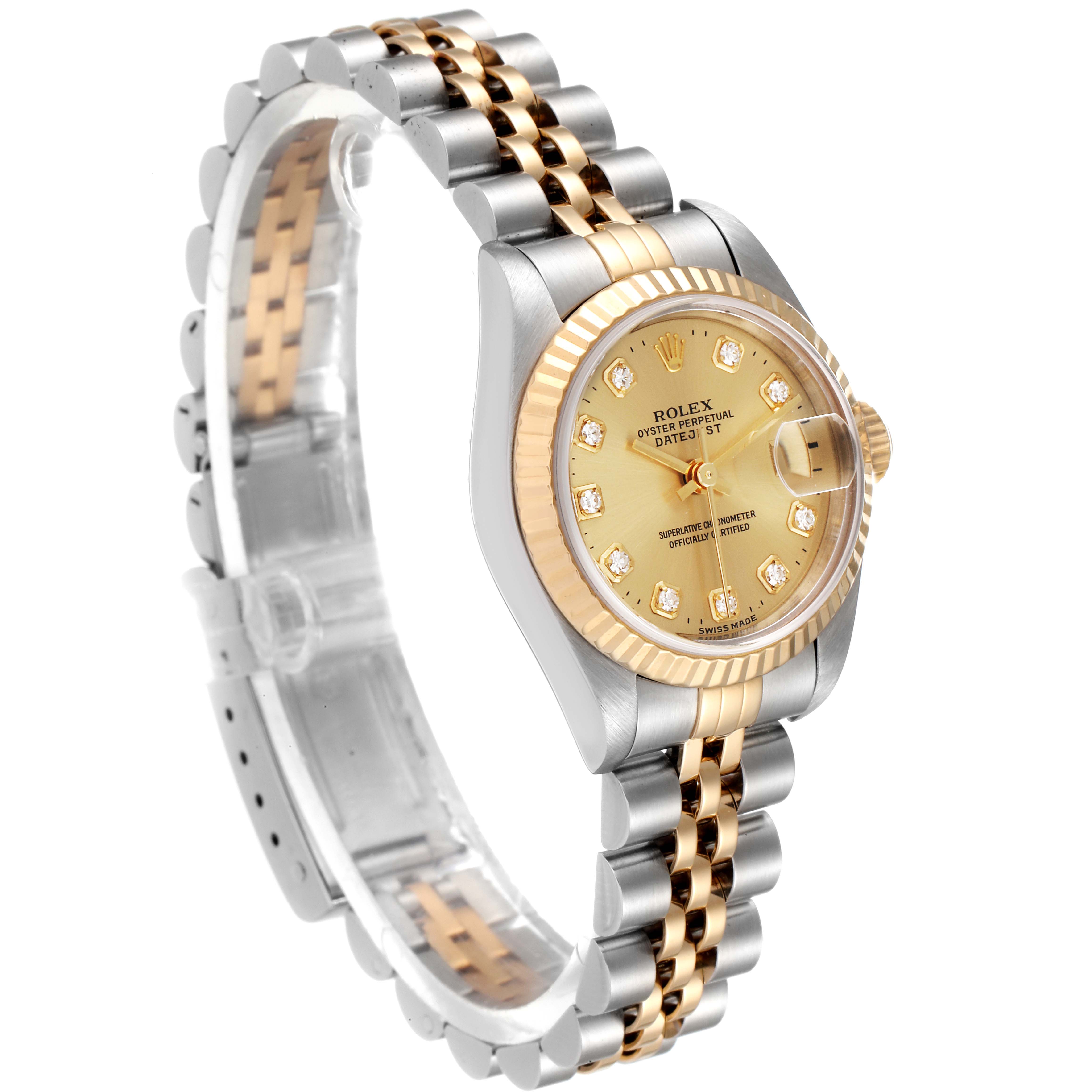 The image shows a side and partial front view of a Rolex Datejust 69173 Women
s Steel and Gold (two tone) Champagne Dial 69173 Women
s Steel and Gold (two tone) Champagne Dial watch, highlighting its two-tone bracelet and gold dial with diamond markers.