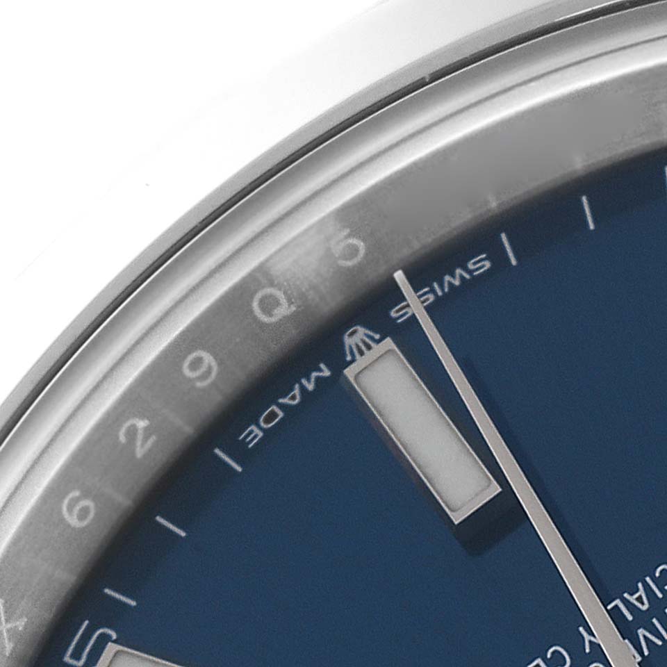The image shows a close-up of the dial and bezel of the Rolex Datejust 41 126300 Men's Stainless Steel Blue Dial 126300 Men's Stainless Steel Blue Dial watch.