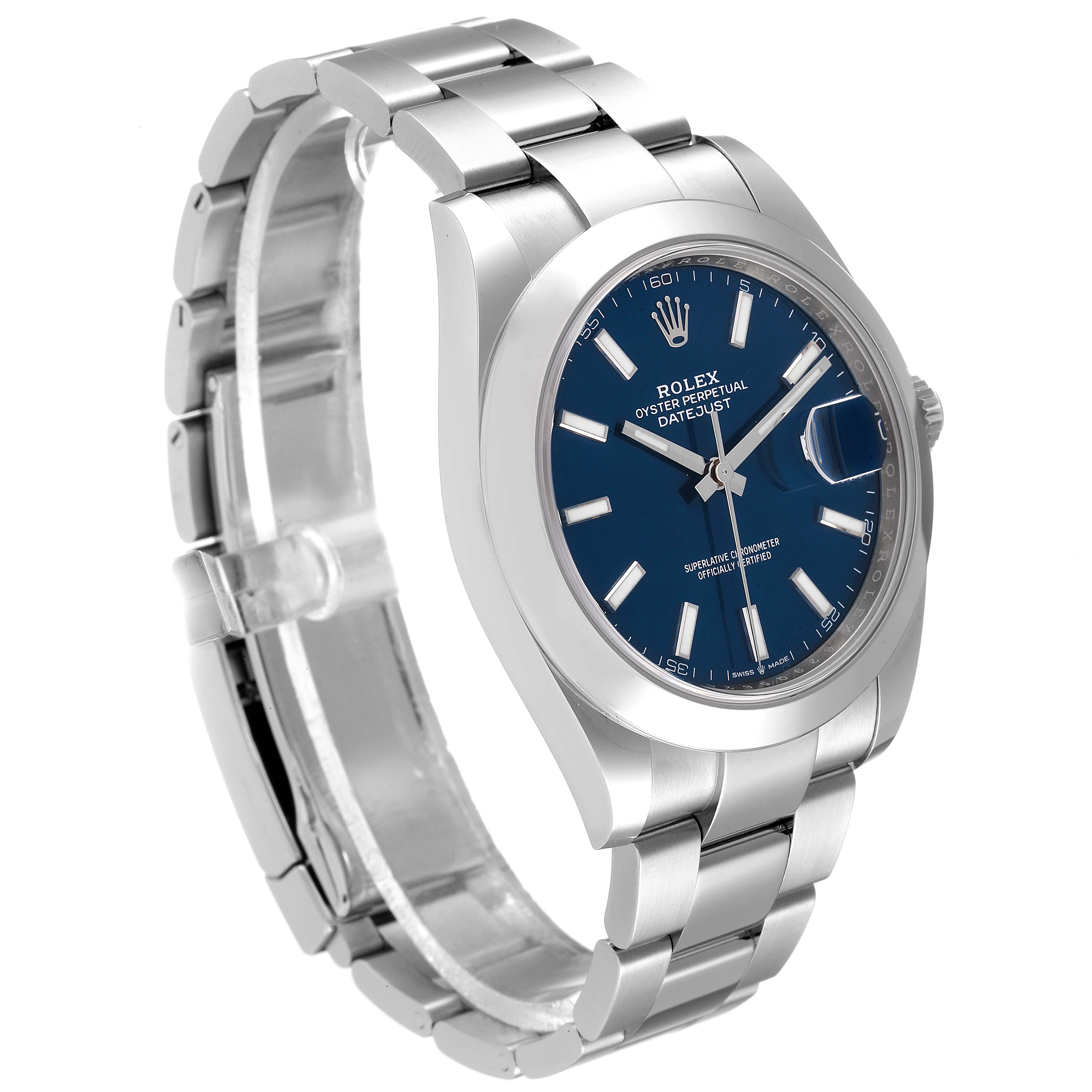 The image shows a Rolex Datejust 41 126300 Men's Stainless Steel Blue Dial 126300 Men's Stainless Steel Blue Dial watch with a blue dial and stainless steel bracelet, viewed at a slight angle from above.