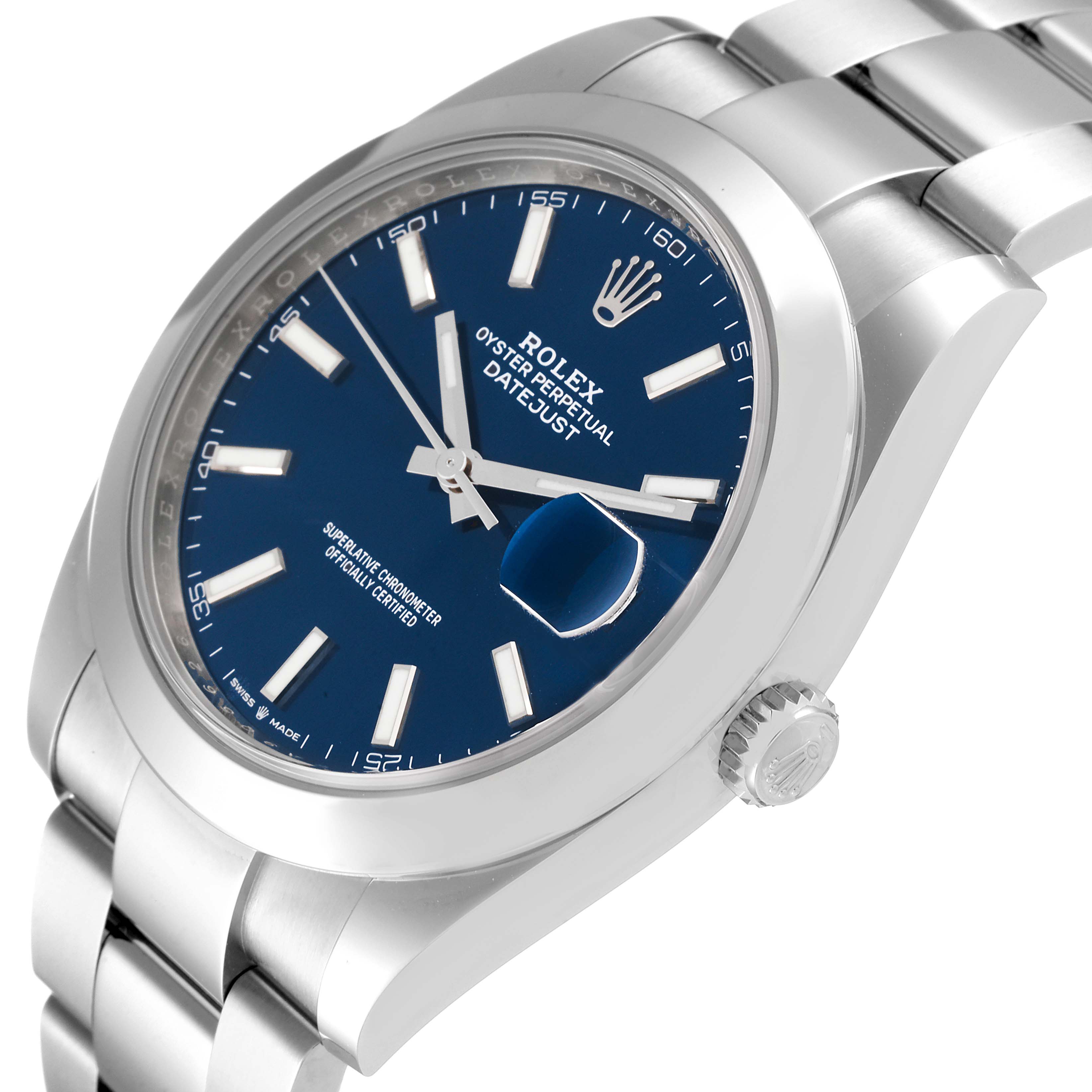 The image shows a partial side and top view of the Rolex Datejust 41 126300 Men's Stainless Steel Blue Dial 126300 Men's Stainless Steel Blue Dial, highlighting its blue dial, case, bracelet, and date magnifier.