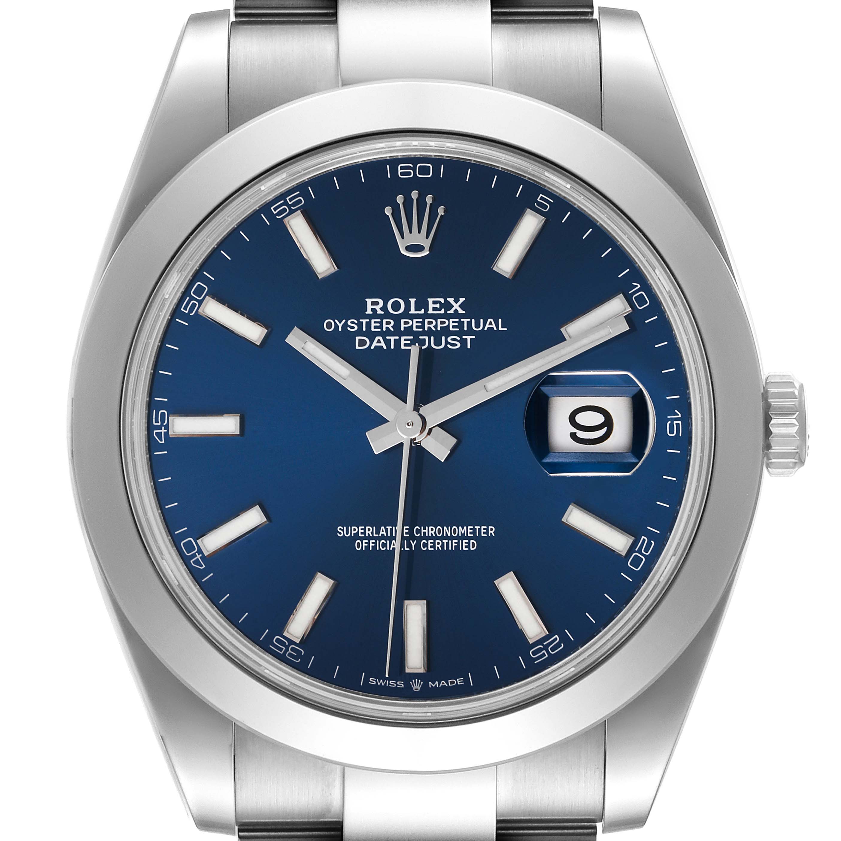 This image shows the front view of a Rolex Datejust 41 126300 Men's Stainless Steel Blue Dial 126300 Men's Stainless Steel Blue Dial watch, highlighting its blue dial, date display, and hour markers.