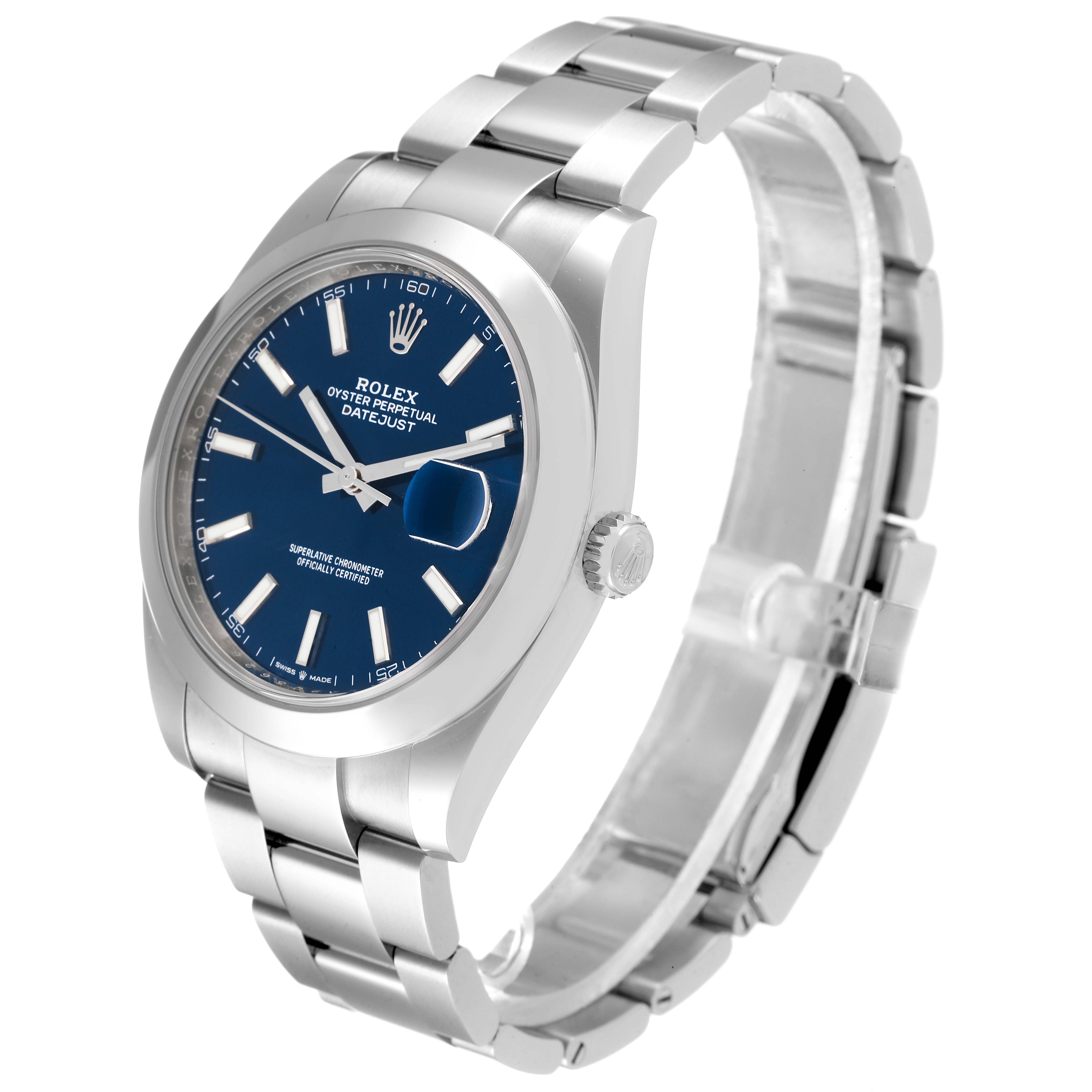 The image shows a Rolex Datejust 41 126300 Men's Stainless Steel Blue Dial 126300 Men's Stainless Steel Blue Dial watch at a slight angle, showcasing its bracelet, case, dial, and crown.