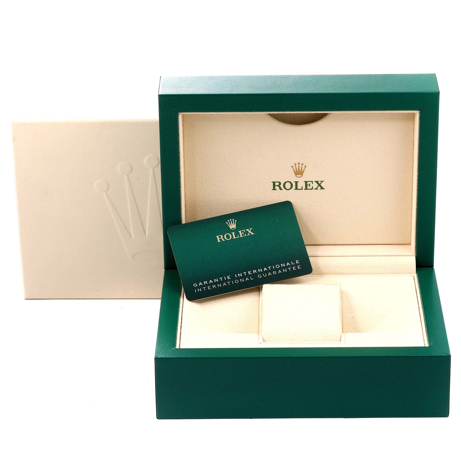 The image shows a Rolex Datejust 41 126300 Men's Stainless Steel Blue Dial 126300 Men's Stainless Steel Blue Dial watch box with the inner cushion and warranty card visible.