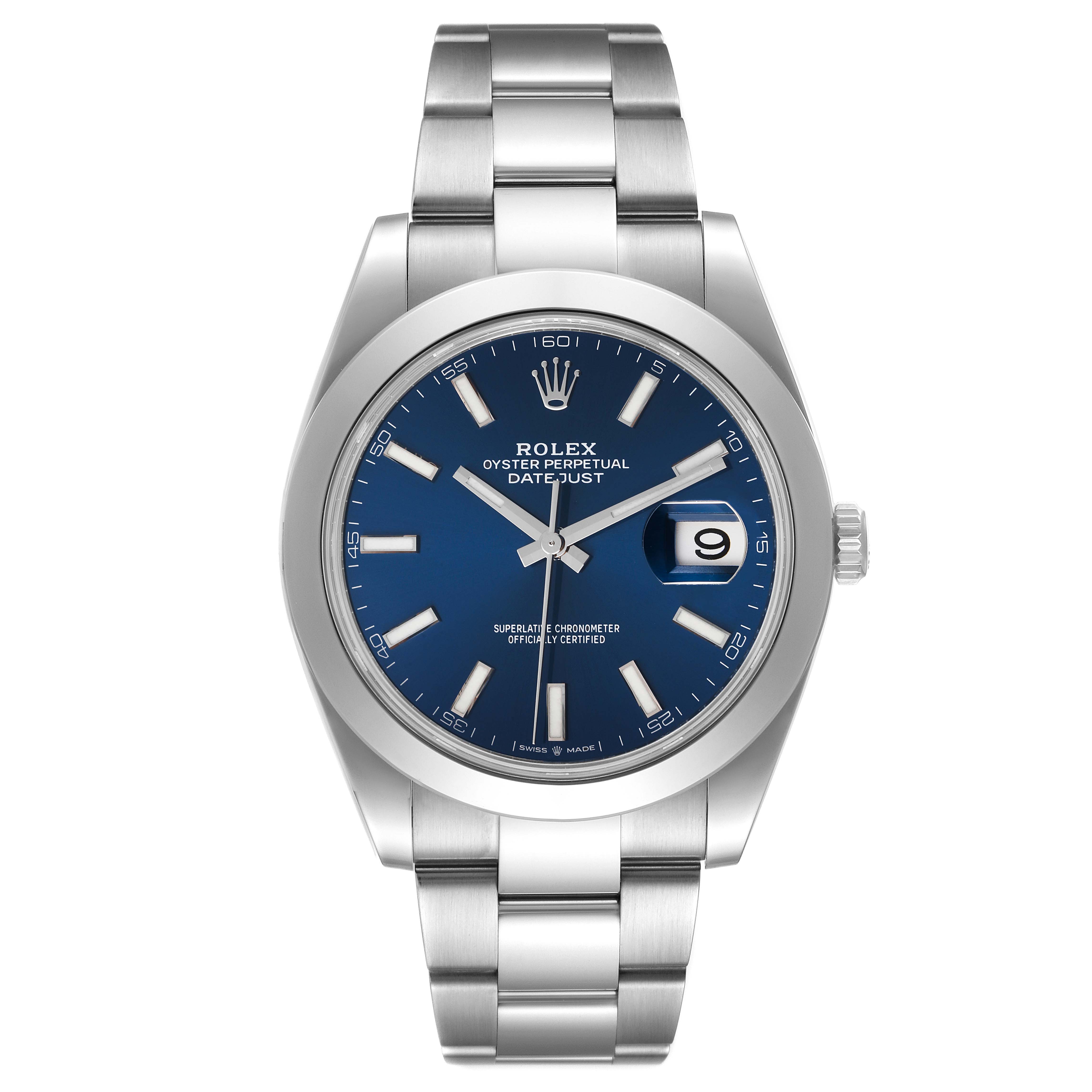 The image shows a front view of the Rolex Datejust 41 126300 Men's Stainless Steel Blue Dial 126300 Men's Stainless Steel Blue Dial watch with a blue dial and stainless steel bracelet.