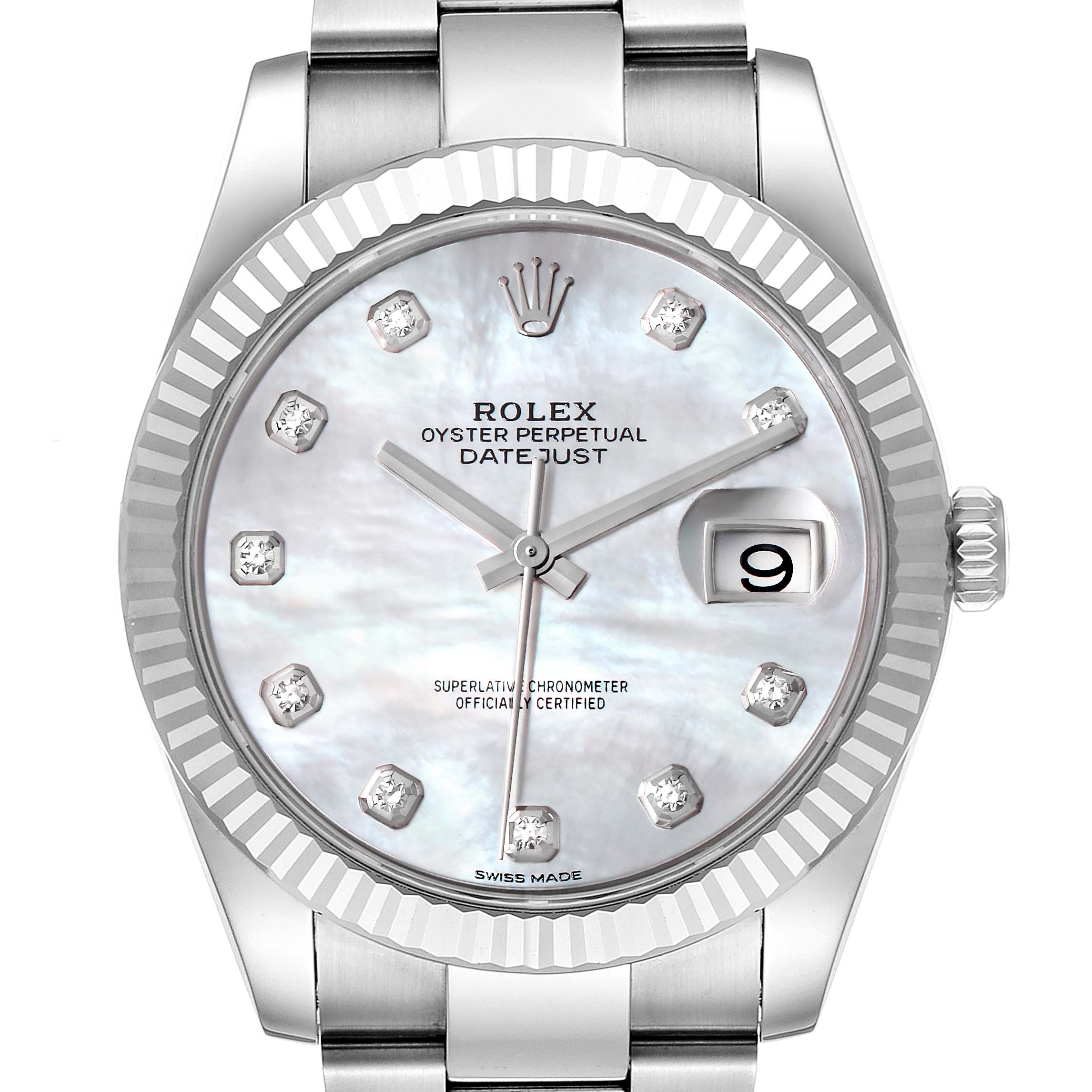 The image shows a front view of the Rolex Datejust 41 126334 Men's Stainless Steel Mother of Pearl Dial 126334 Men's Stainless Steel Mother of Pearl Dial with a fluted bezel and diamond hour markers.