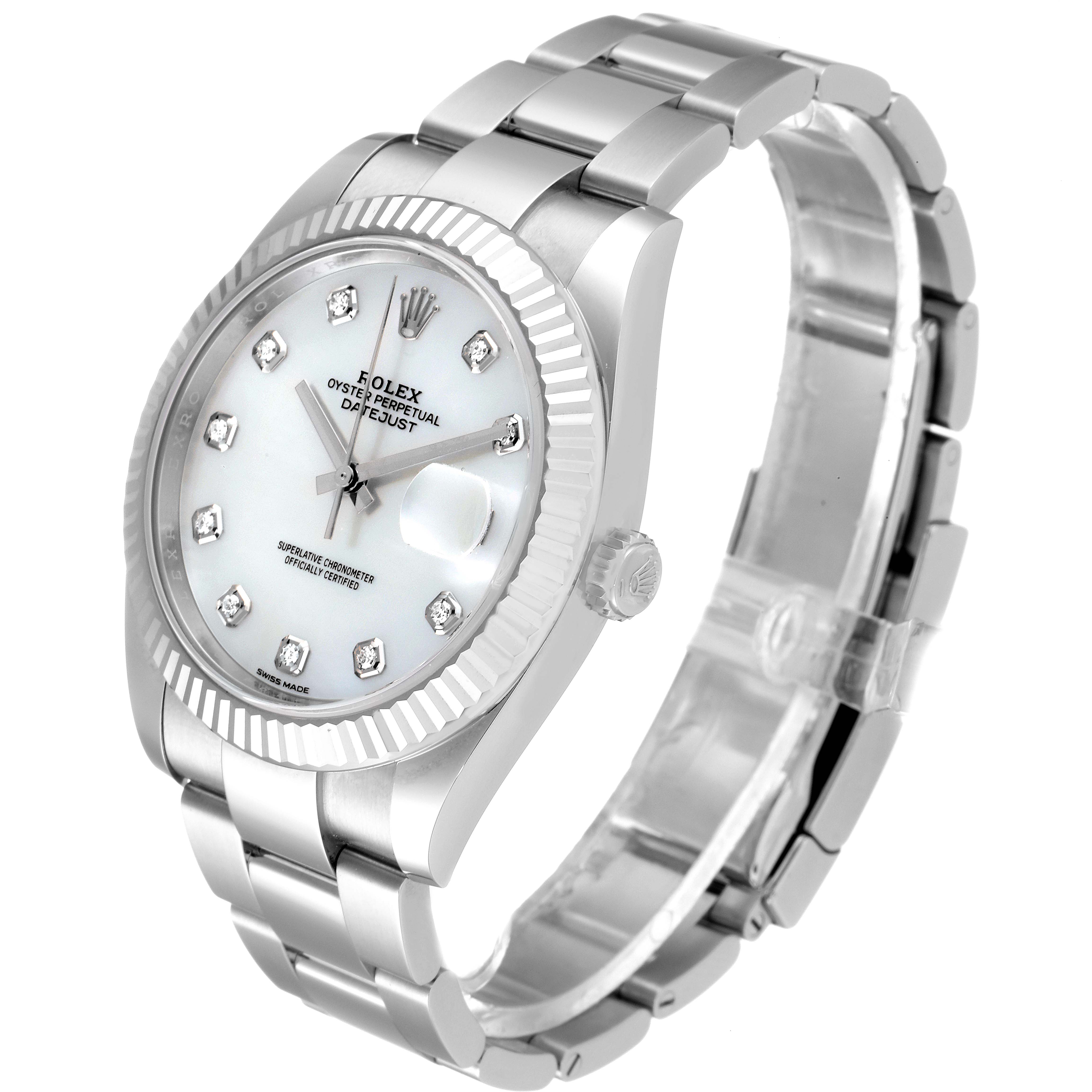 The Rolex Datejust 41 126334 Men's Stainless Steel Mother of Pearl Dial 126334 Men's Stainless Steel Mother of Pearl Dial model is shown at an angle highlighting the dial, bezel, and part of the bracelet.