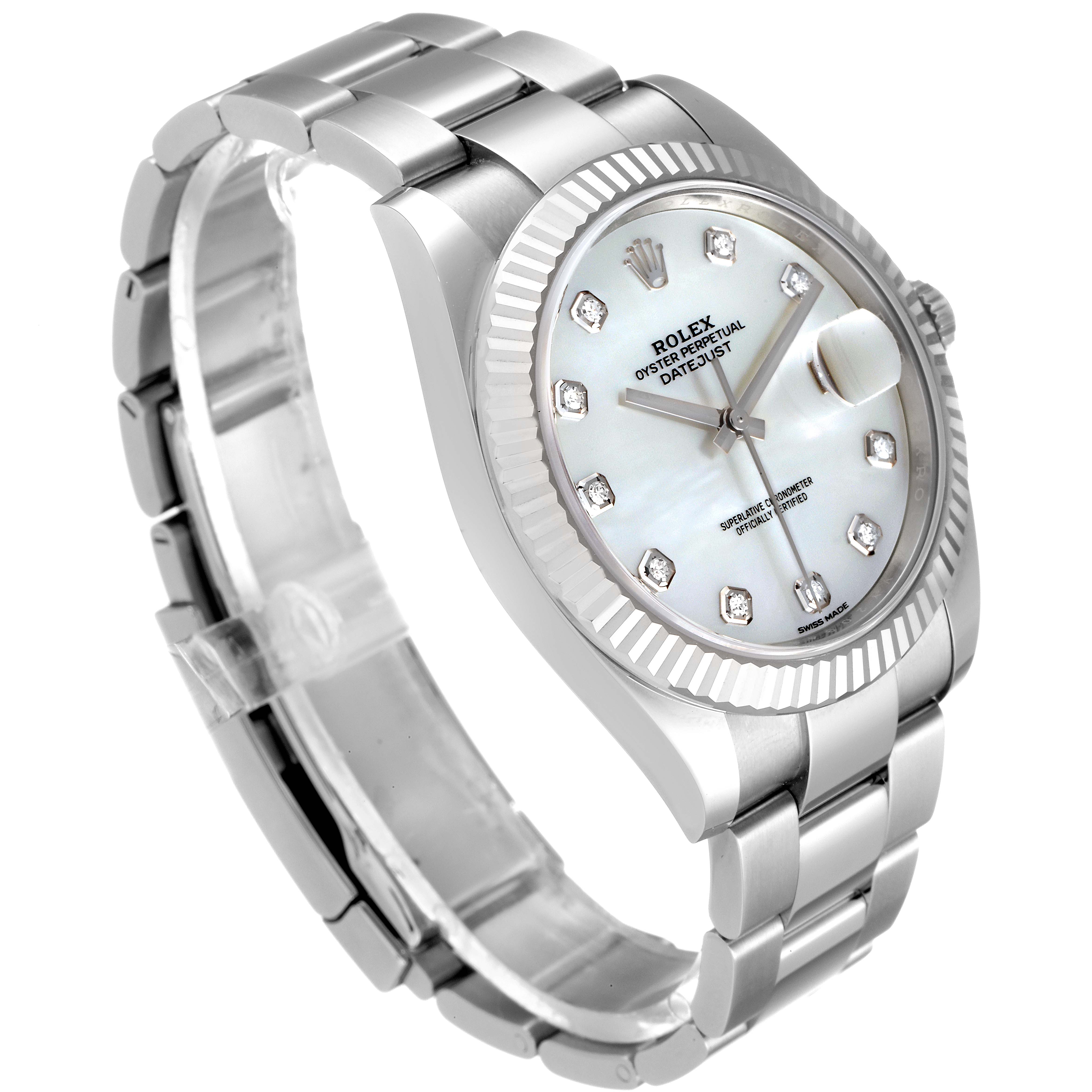 The image shows a three-quarter view of a Rolex Datejust 41 126334 Men's Stainless Steel Mother of Pearl Dial 126334 Men's Stainless Steel Mother of Pearl Dial watch, highlighting its face, bezel, bracelet, and crown.