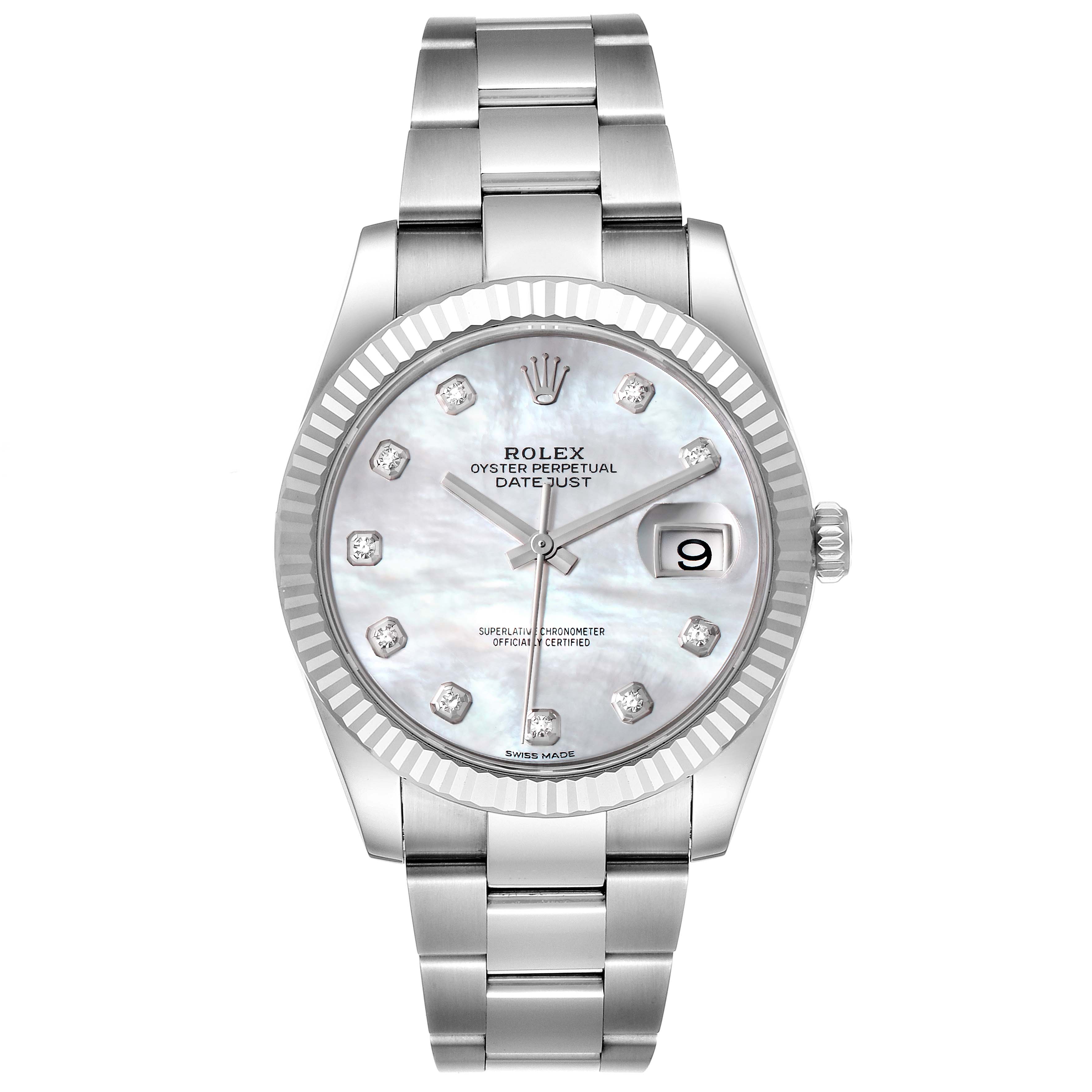 The image shows a front view of a Rolex Datejust 41 126334 Men's Stainless Steel Mother of Pearl Dial 126334 Men's Stainless Steel Mother of Pearl Dial model watch with a stainless steel band and a mother-of-pearl dial.