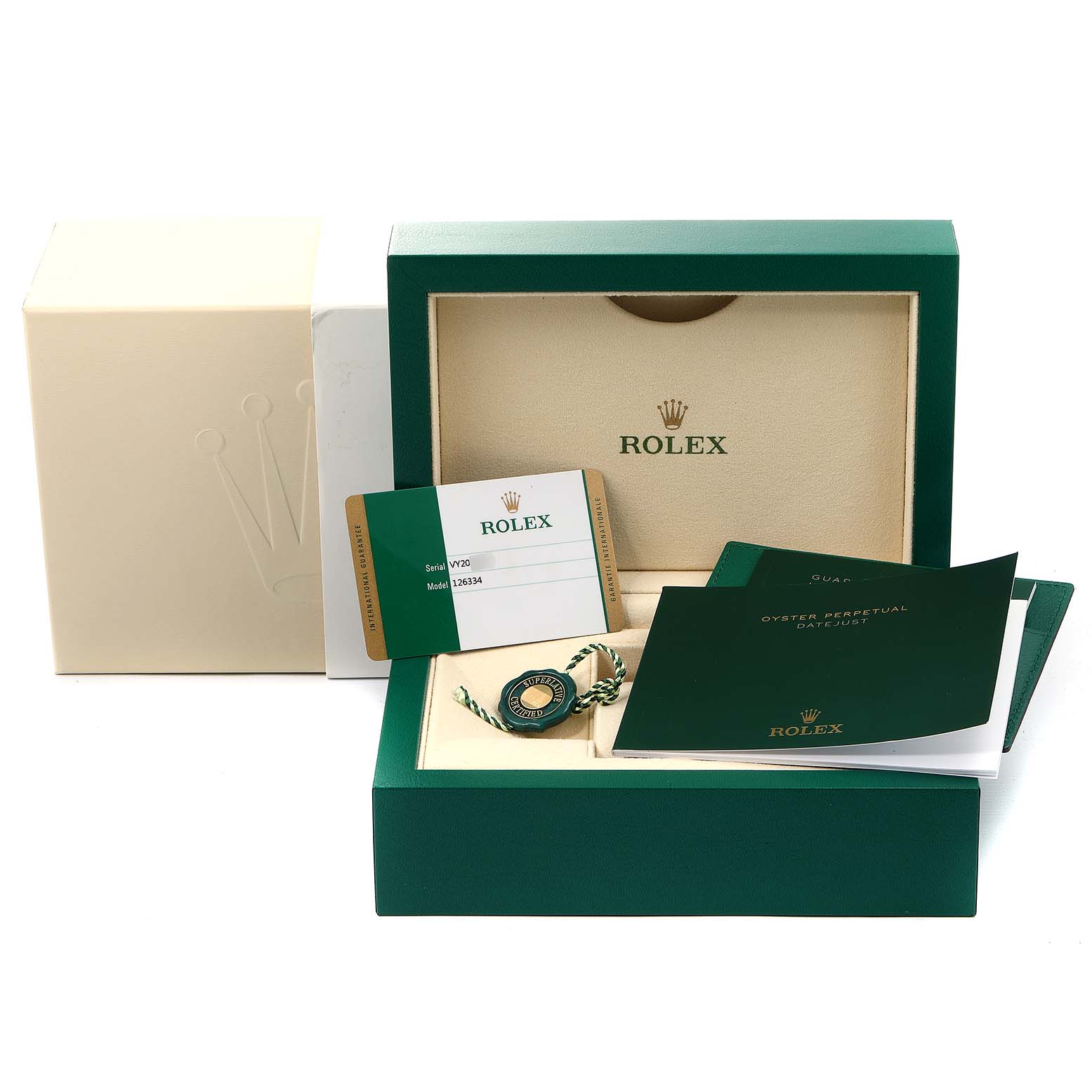 The image shows a Rolex Datejust 41 126334 Men's Stainless Steel Mother of Pearl Dial 126334 Men's Stainless Steel Mother of Pearl Dial watch box, guarantee card, manuals, and a tag.