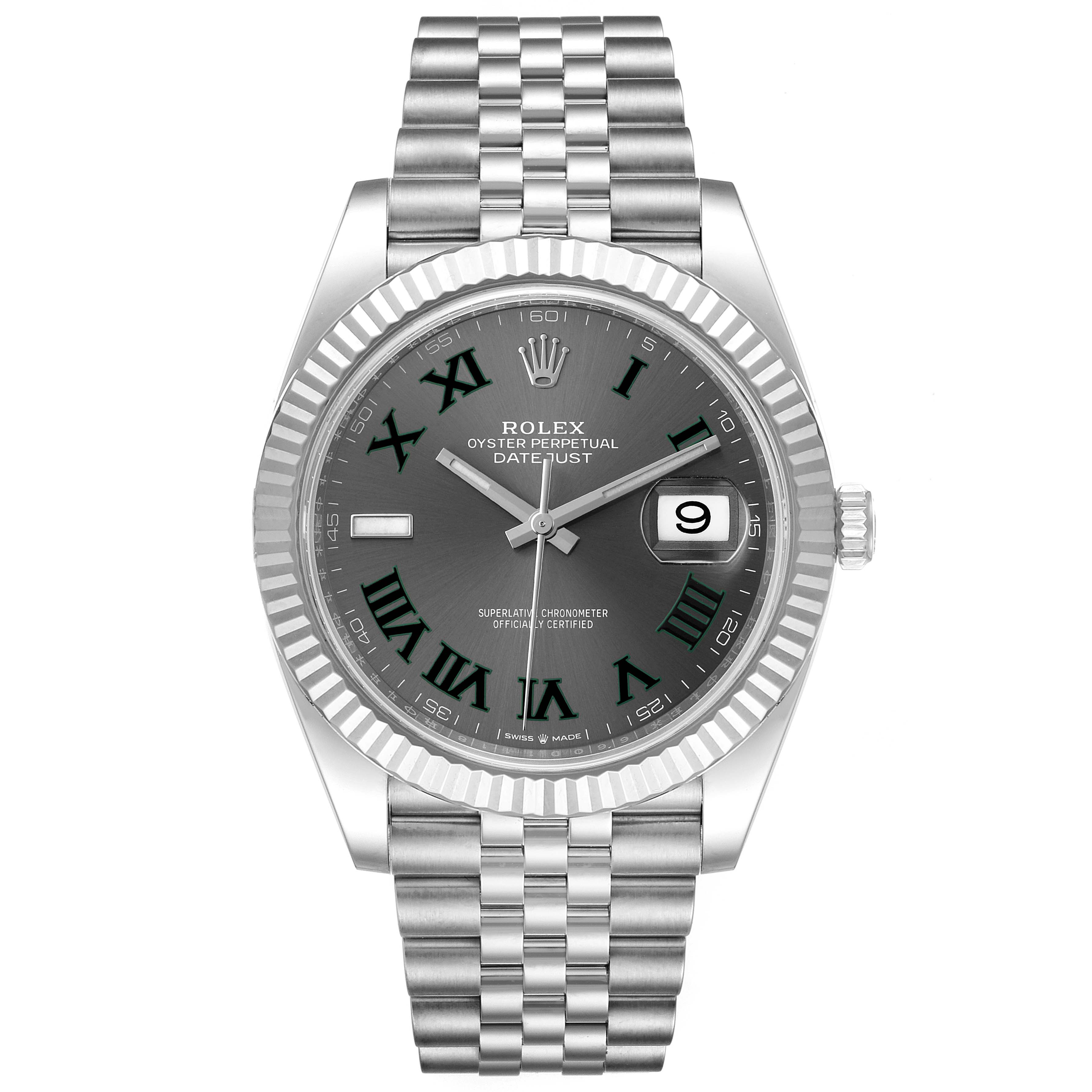 The image shows a front view of a Rolex Datejust 41 126334 Men's Stainless Steel Grey Dial 126334 Men's Stainless Steel Grey Dial watch with a gray dial, Roman numerals, and a Jubilee bracelet.