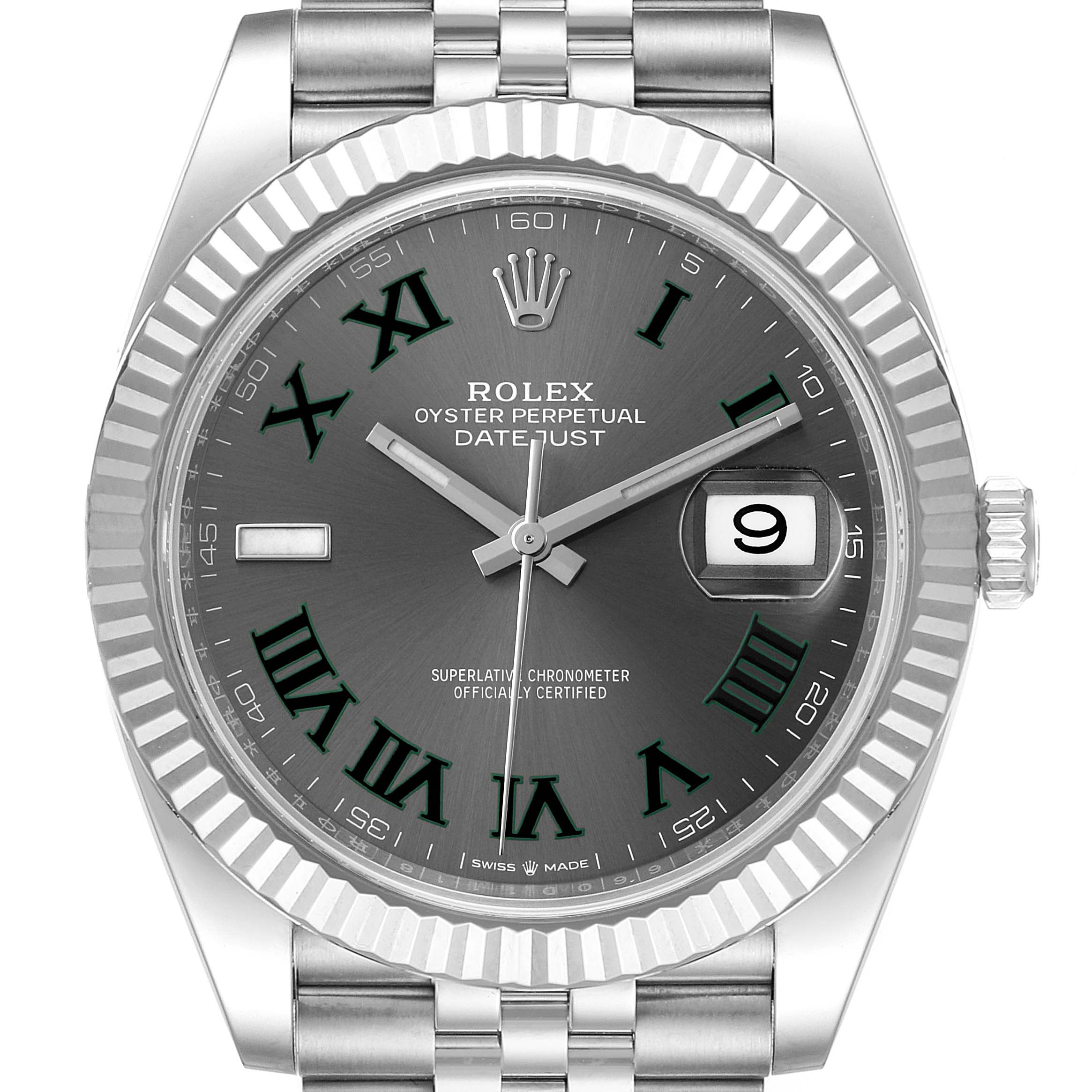 The image shows a front view of a Rolex Datejust 41 126334 Men's Stainless Steel Grey Dial 126334 Men's Stainless Steel Grey Dial watch, highlighting the dial, bezel, hands, and part of the strap.