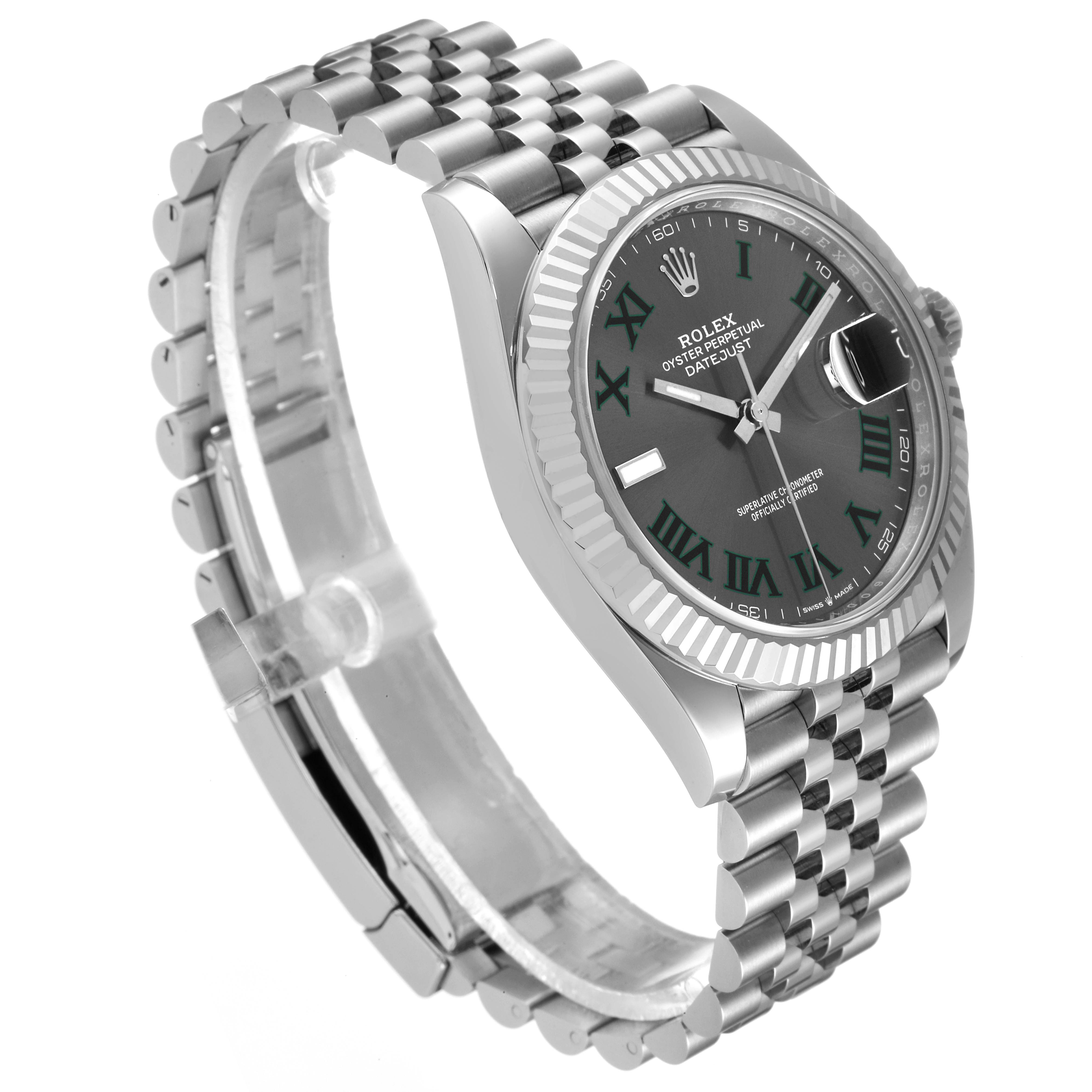 The image shows a Rolex Datejust 41 126334 Men's Stainless Steel Grey Dial 126334 Men's Stainless Steel Grey Dial model watch viewed from an angled side perspective, highlighting the face, bezel, and bracelet.