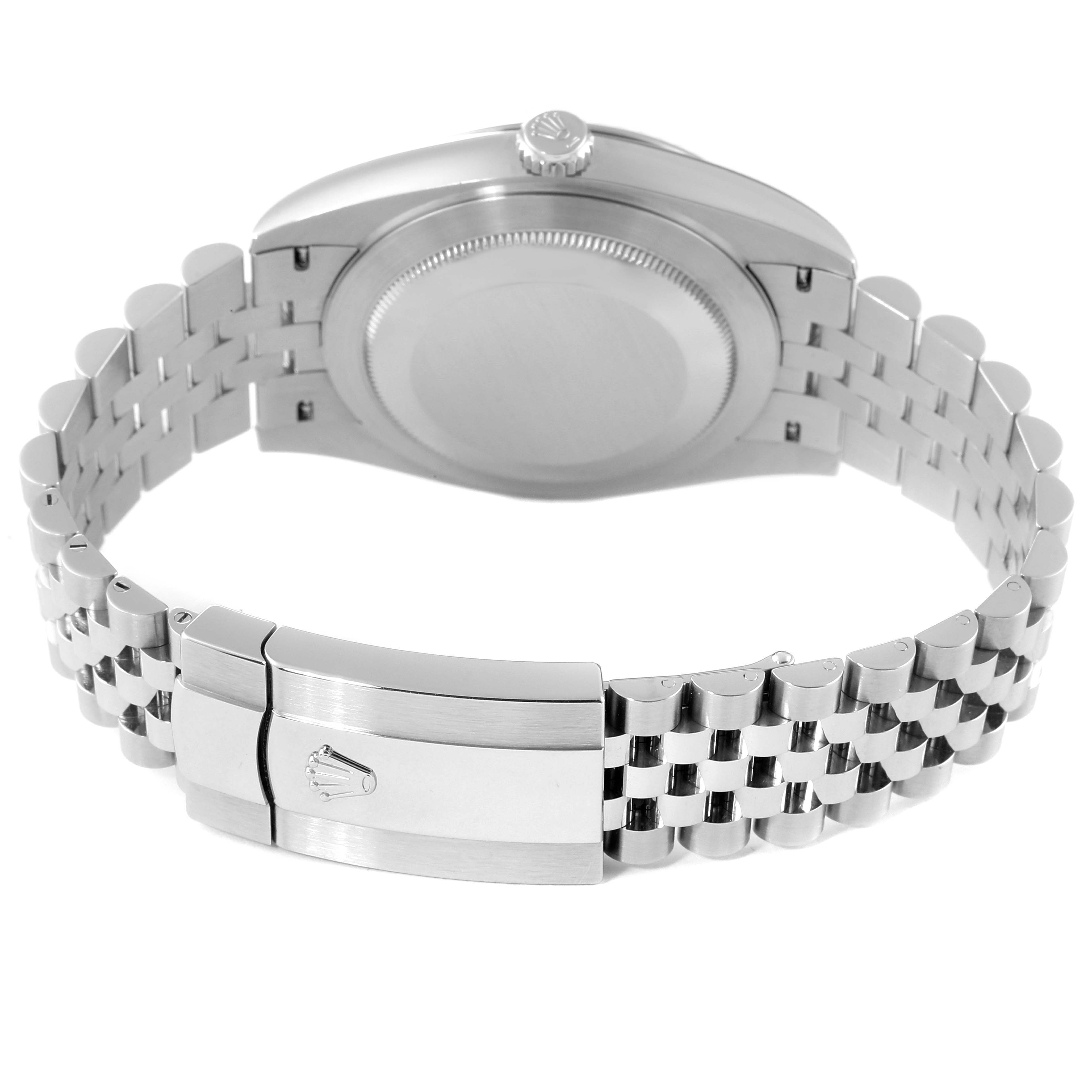 The image shows the back view of the Rolex Datejust 41 126334 Men's Stainless Steel Grey Dial 126334 Men's Stainless Steel Grey Dial watch, highlighting the case back and Jubilee bracelet with clasp.