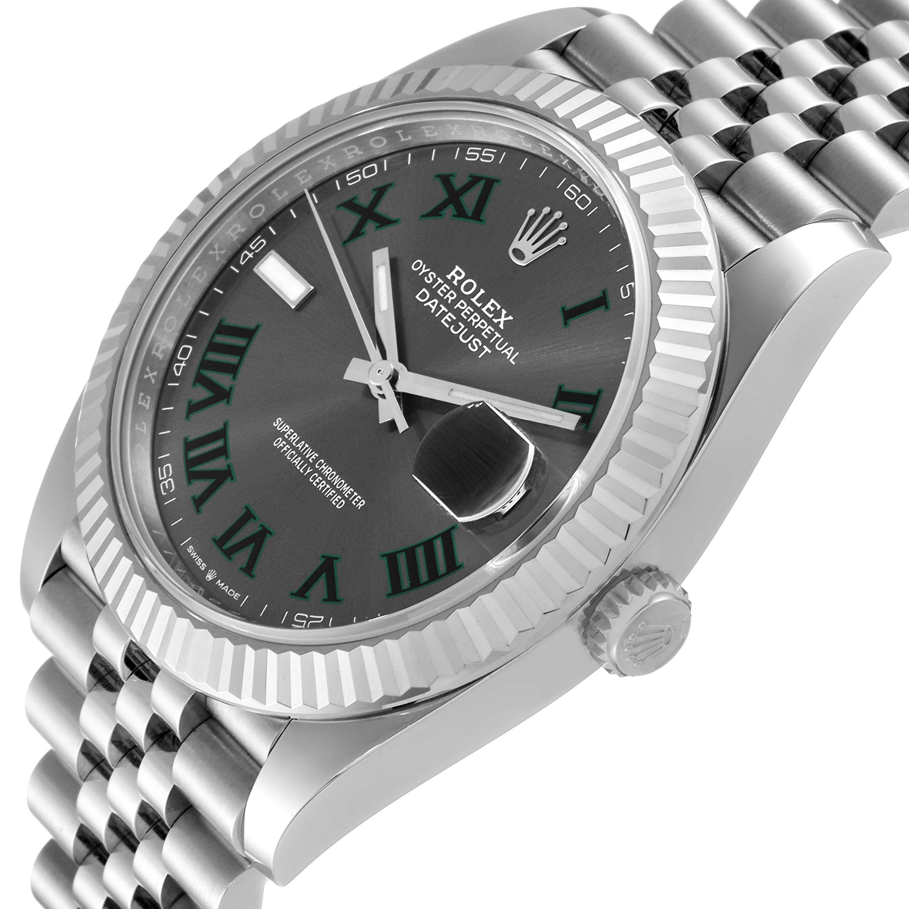 The image shows the dial, bezel, and part of the bracelet of a Rolex Datejust 41 126334 Men's Stainless Steel Grey Dial 126334 Men's Stainless Steel Grey Dial watch from an angled view.
