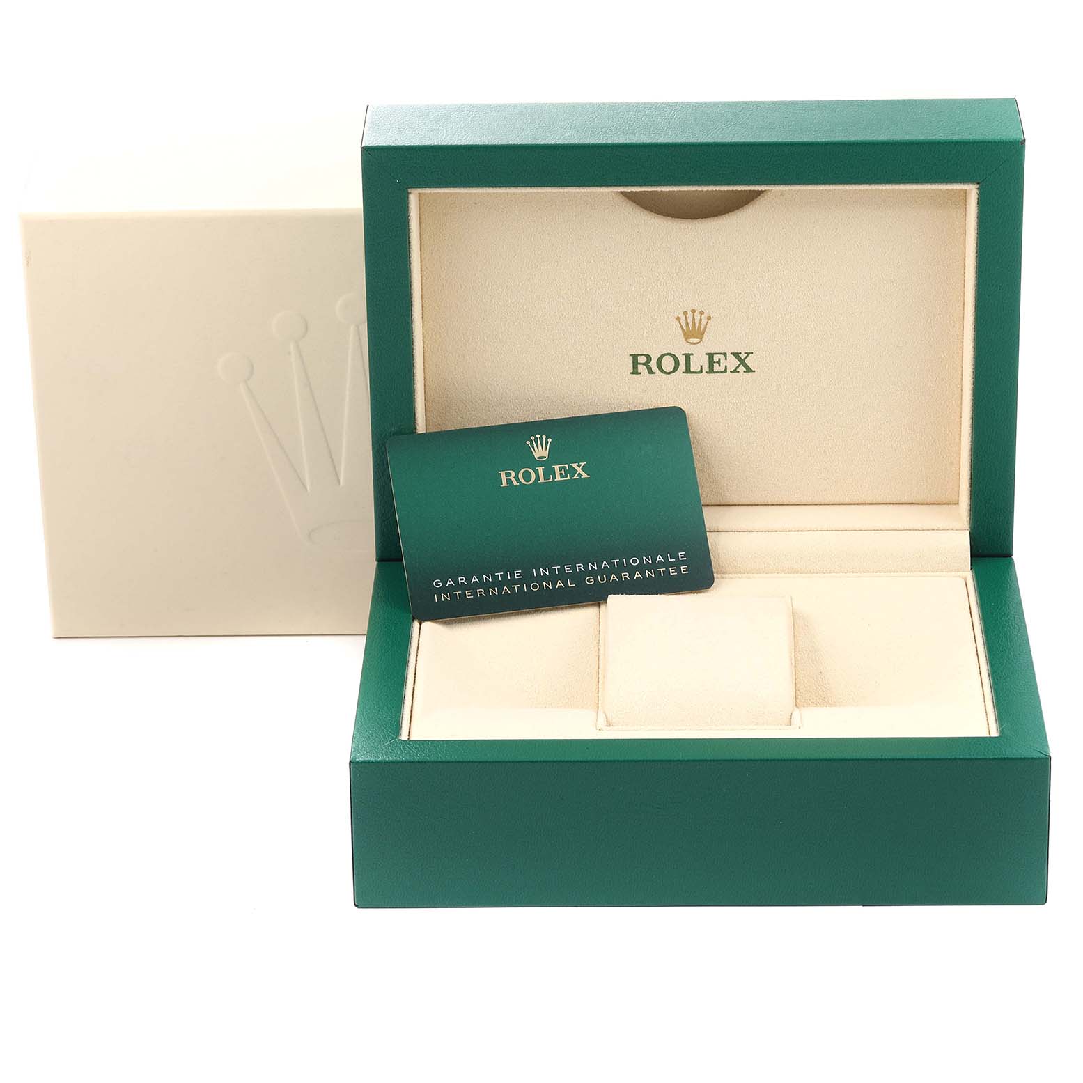 The image shows the open box and international guarantee card for the Rolex Datejust 41 126334 Men's Stainless Steel Grey Dial 126334 Men's Stainless Steel Grey Dial model.