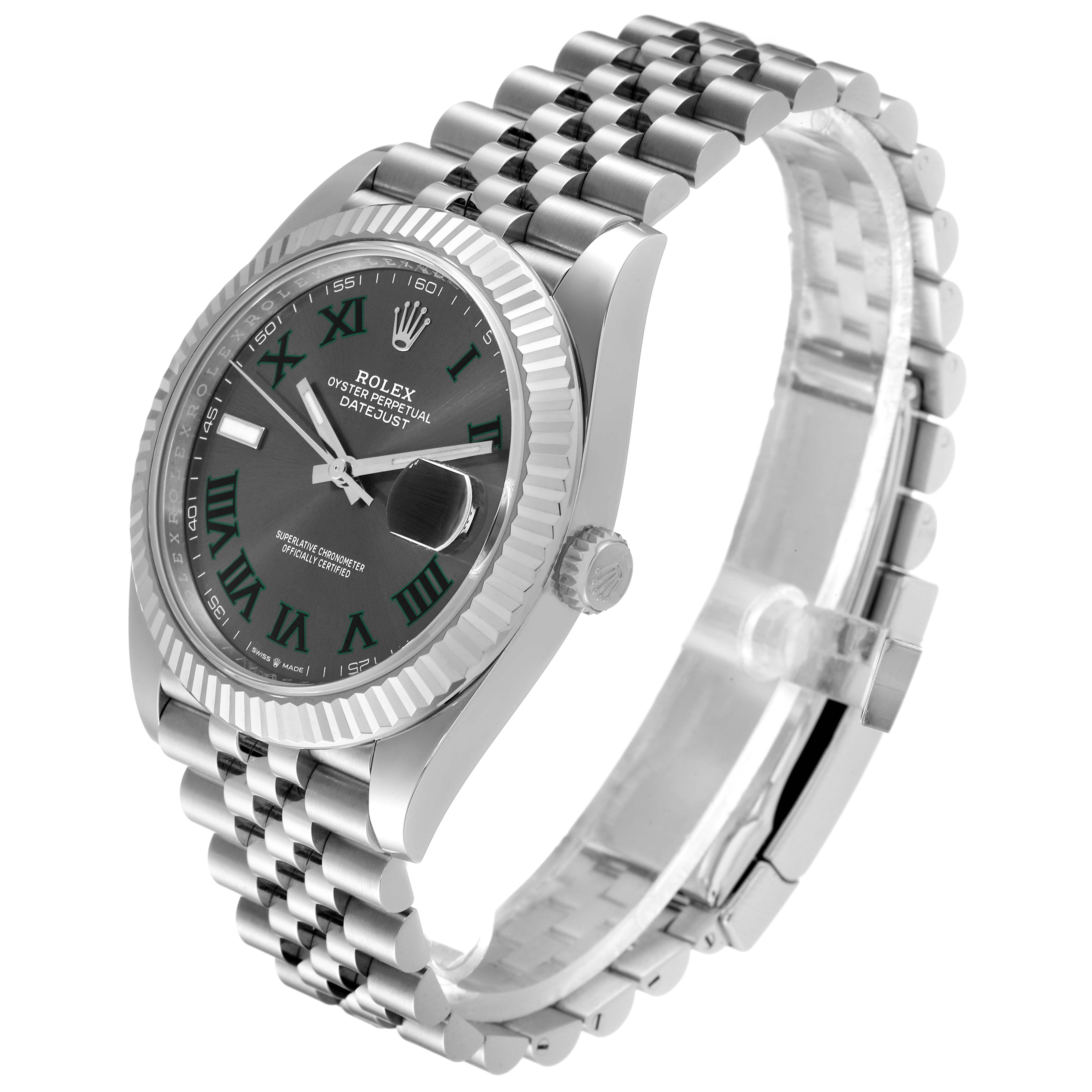 The Rolex Datejust 41 126334 Men's Stainless Steel Grey Dial 126334 Men's Stainless Steel Grey Dial watch is shown at a three-quarter angle, highlighting the dial, bezel, crown, and Jubilee bracelet.
