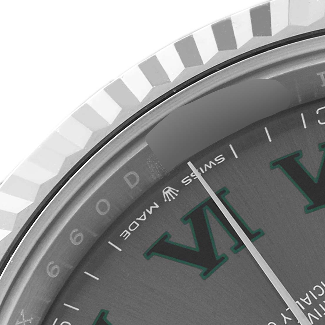 The image shows a close-up of the bezel, part of the dial, and the Roman numeral hour markers of the Rolex Datejust 41 126334 Men's Stainless Steel Grey Dial 126334 Men's Stainless Steel Grey Dial watch.