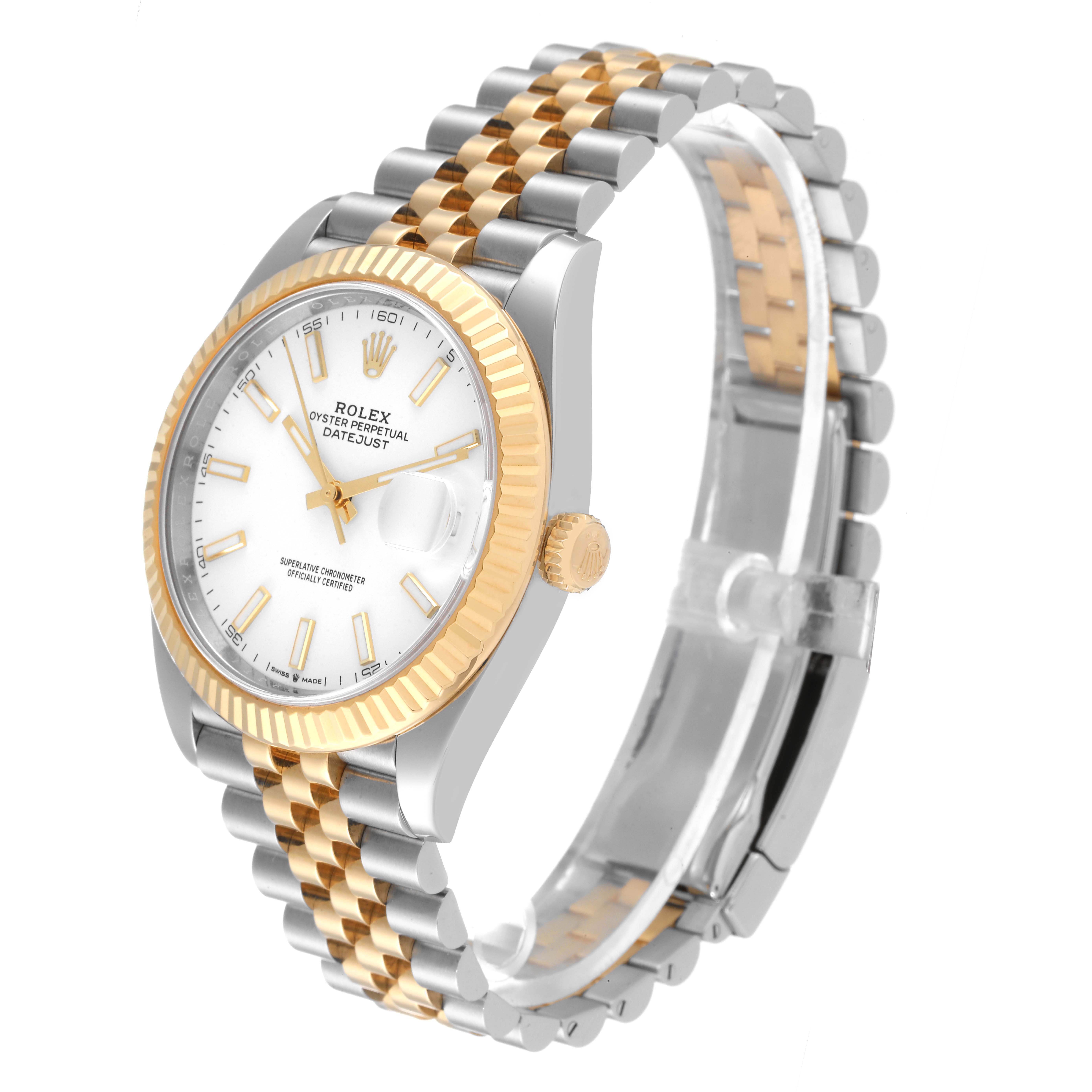 The image shows a Rolex Datejust 41 126333 Men's Steel and Gold (two tone) White Dial 126333 Men's Steel and Gold (two tone) White Dial watch at an angle highlighting the dial, fluted bezel, and two-tone Jubilee bracelet.