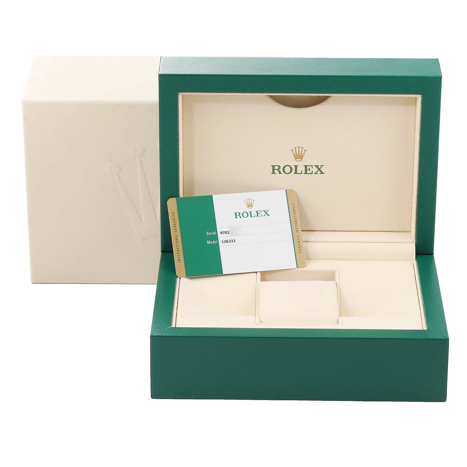This image shows the packaging box and warranty card for a Rolex Datejust 41 126333 Men's Steel and Gold (two tone) White Dial 126333 Men's Steel and Gold (two tone) White Dial model.