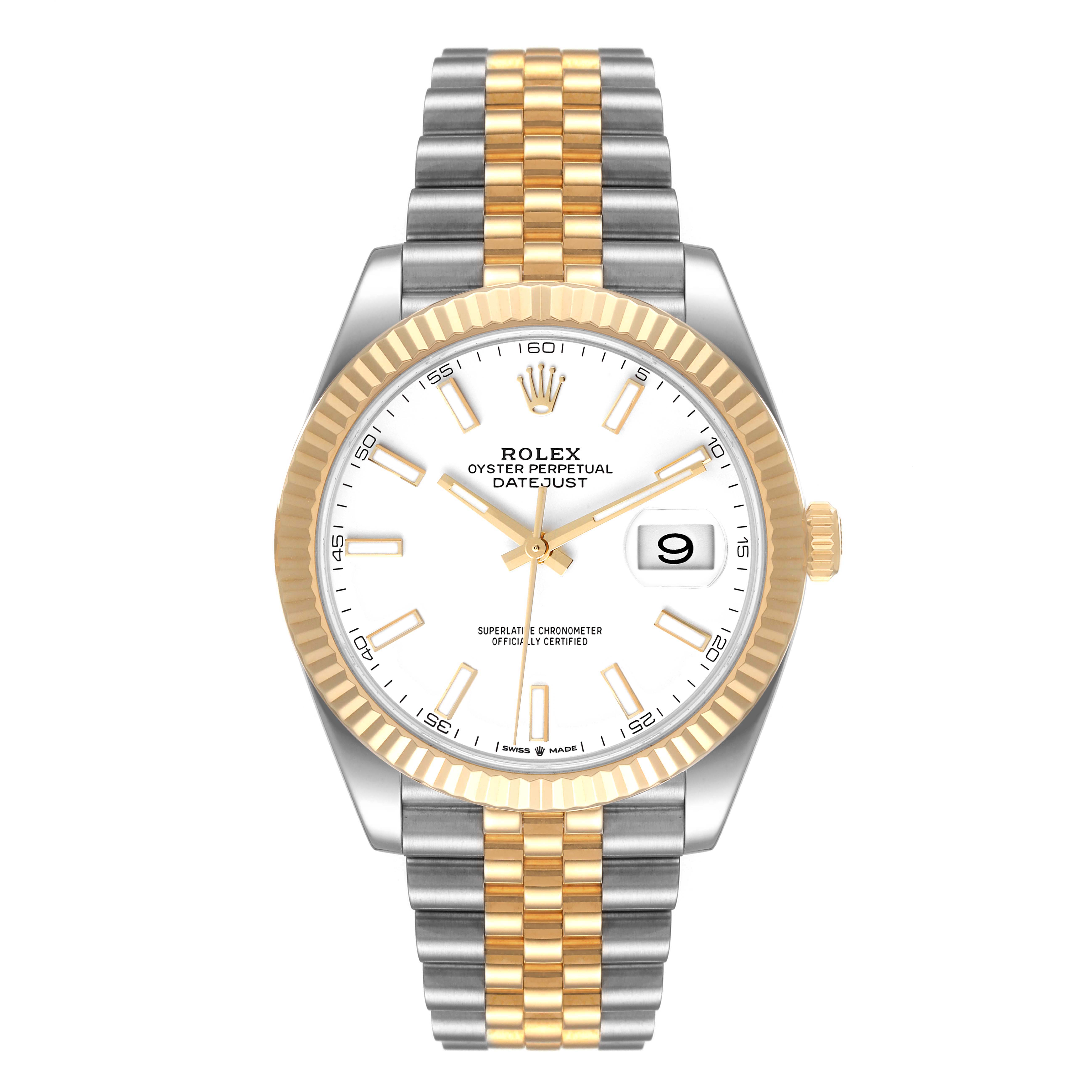 The image shows a front view of a Rolex Datejust 41 126333 Men's Steel and Gold (two tone) White Dial 126333 Men's Steel and Gold (two tone) White Dial watch, highlighting its dial, bezel, crown, and bracelet.