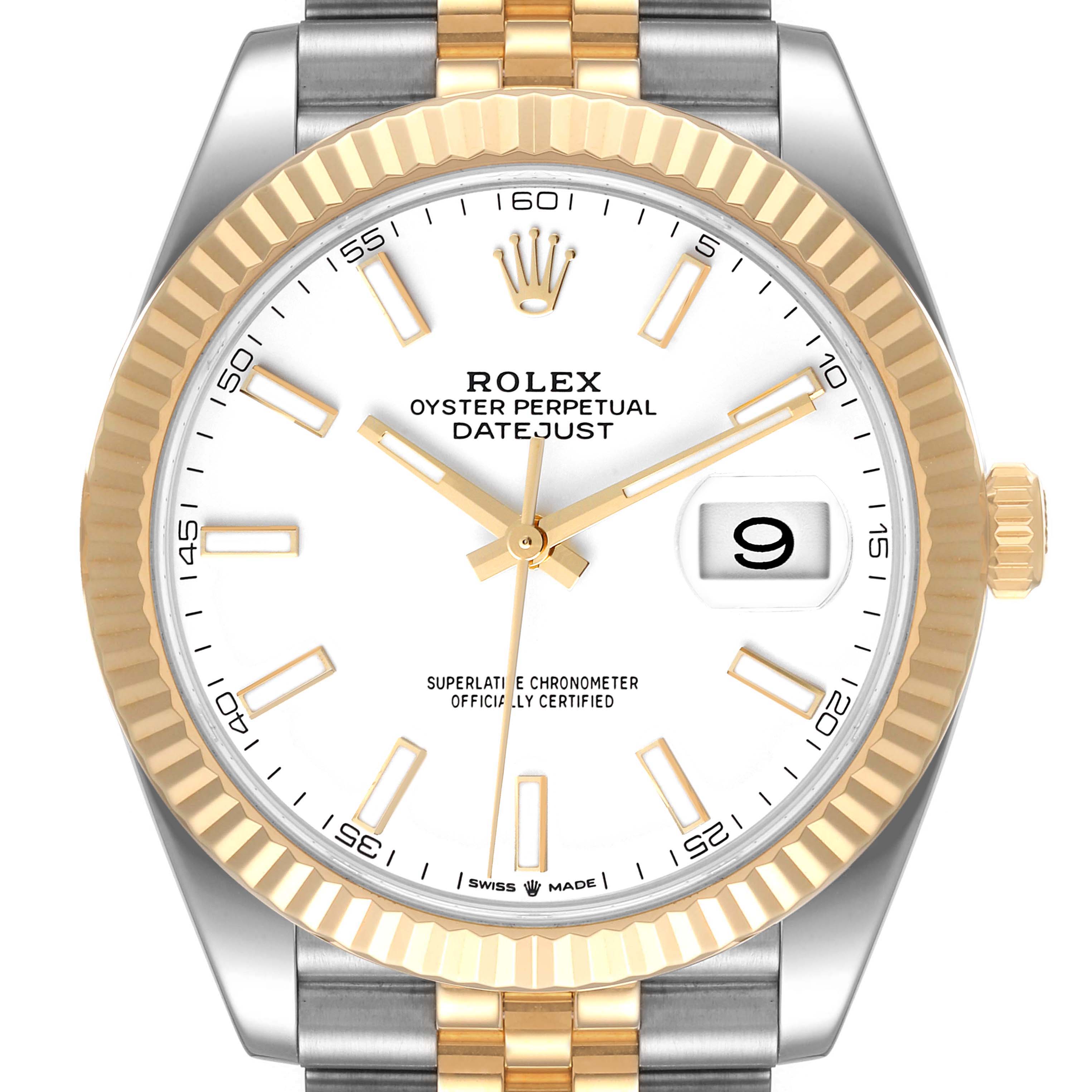The Rolex Datejust 41 126333 Men's Steel and Gold (two tone) White Dial 126333 Men's Steel and Gold (two tone) White Dial watch is shown from a front angle, highlighting its white dial, date display, and bi-metallic bracelet.