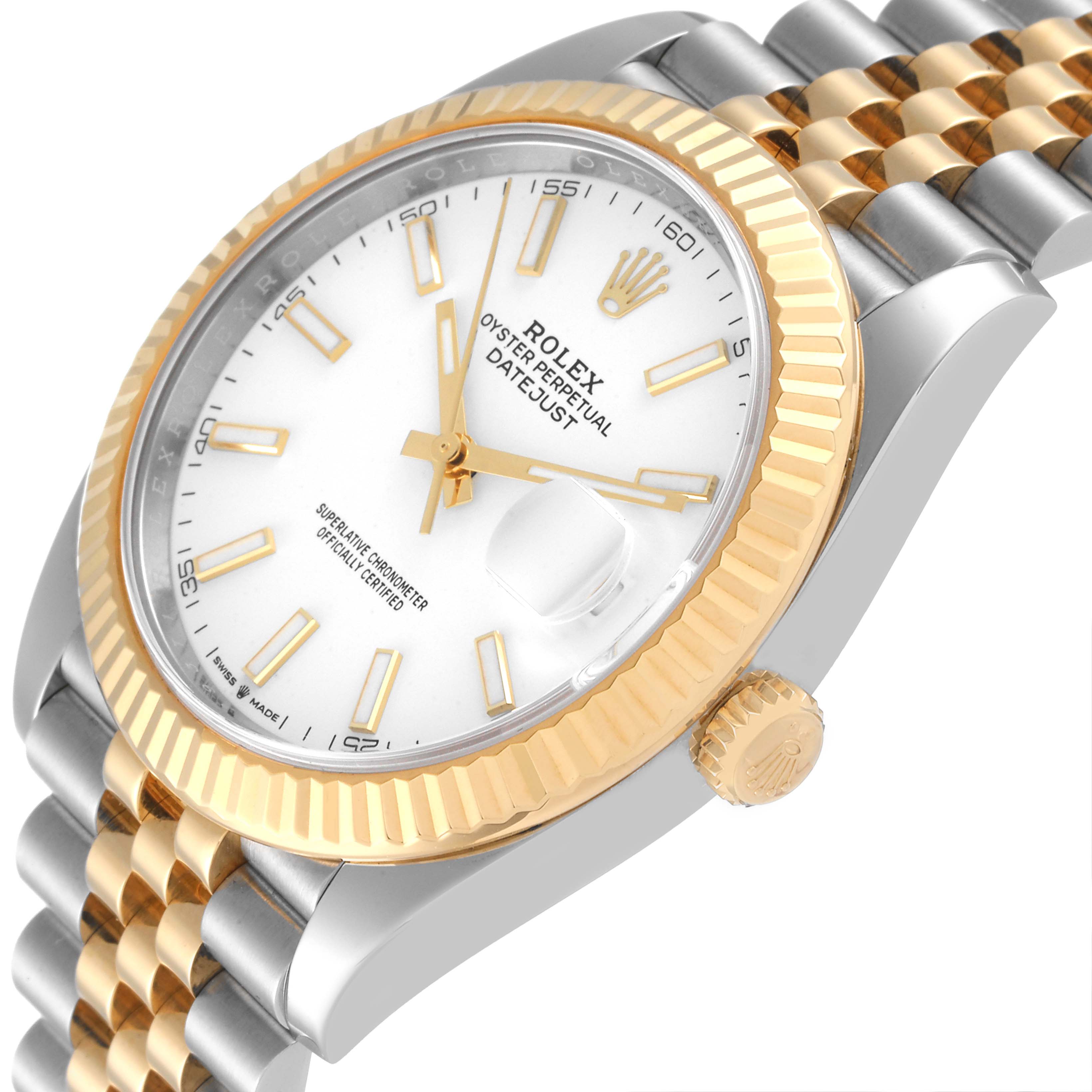 This image shows a Rolex Datejust 41 126333 Men's Steel and Gold (two tone) White Dial 126333 Men's Steel and Gold (two tone) White Dial watch at an angle, highlighting the dial, bezel, crown, and part of the bracelet.