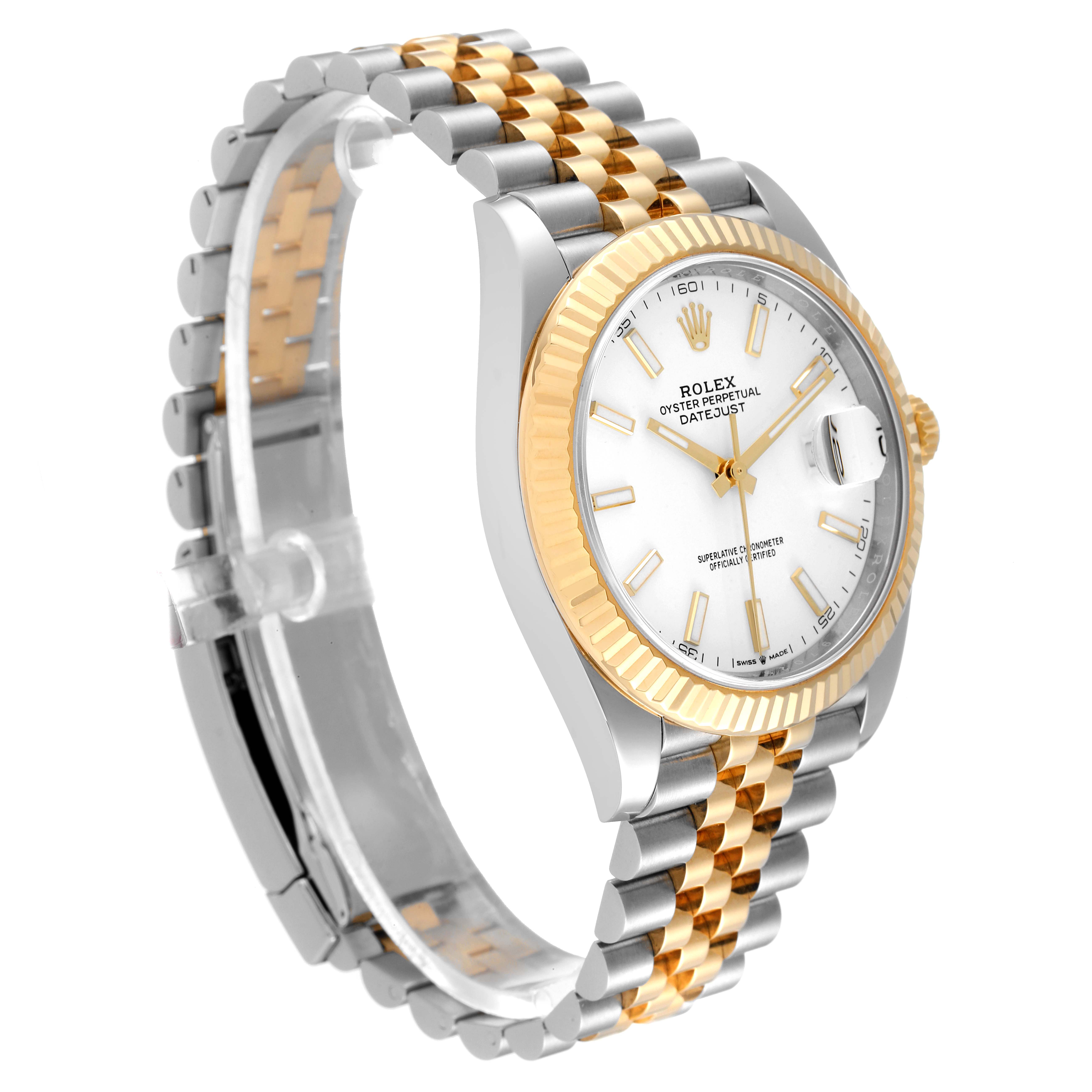 The Rolex Datejust 41 126333 Men's Steel and Gold (two tone) White Dial 126333 Men's Steel and Gold (two tone) White Dial watch is shown at a three-quarter angle, highlighting its two-tone bracelet and fluted bezel.