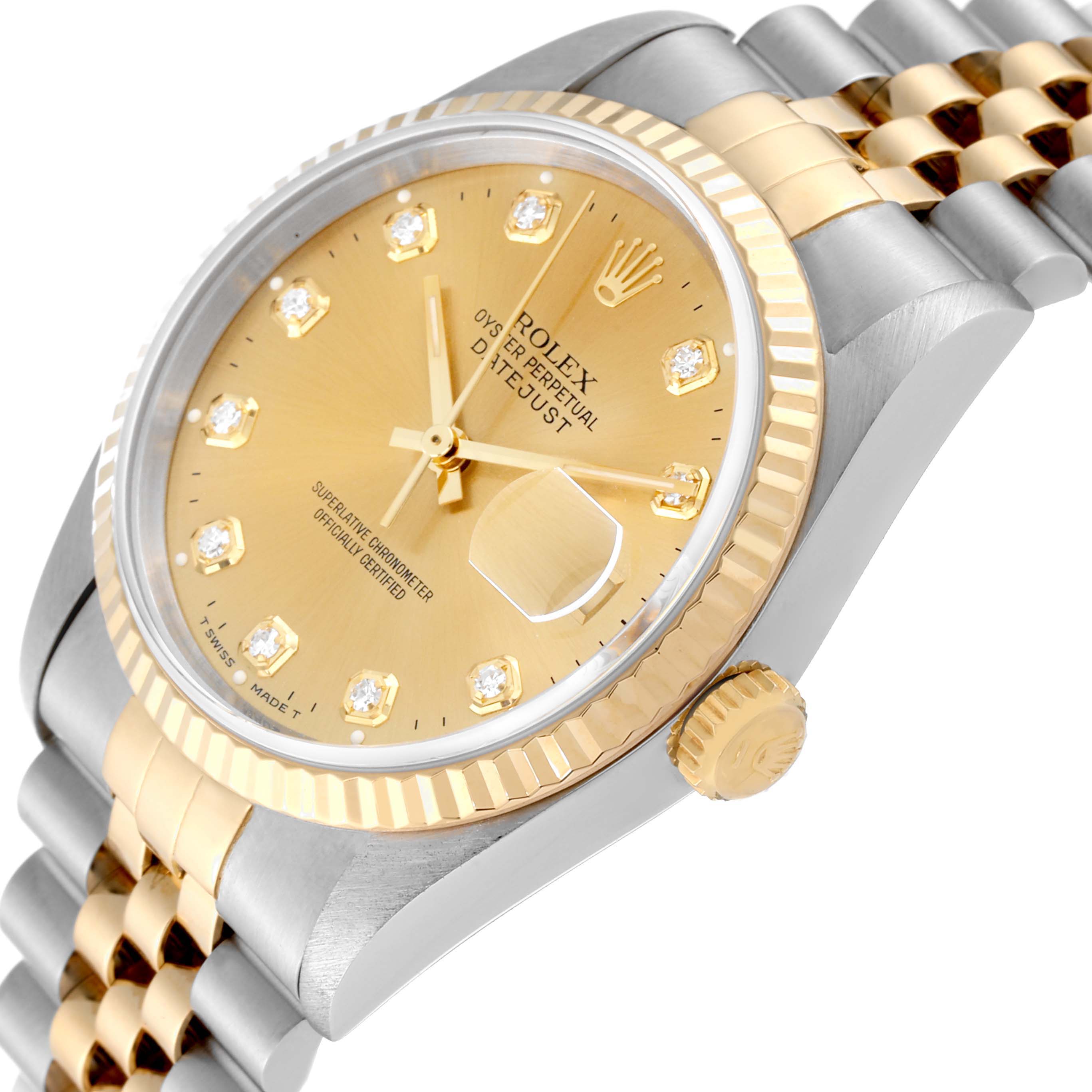 This image shows a close-up angle of the Rolex Datejust 16233 Men's Steel and Gold (two tone) Champagne Dial 16233 Men's Steel and Gold (two tone) Champagne Dial watch, highlighting its dial, bezel, and part of the bracelet.