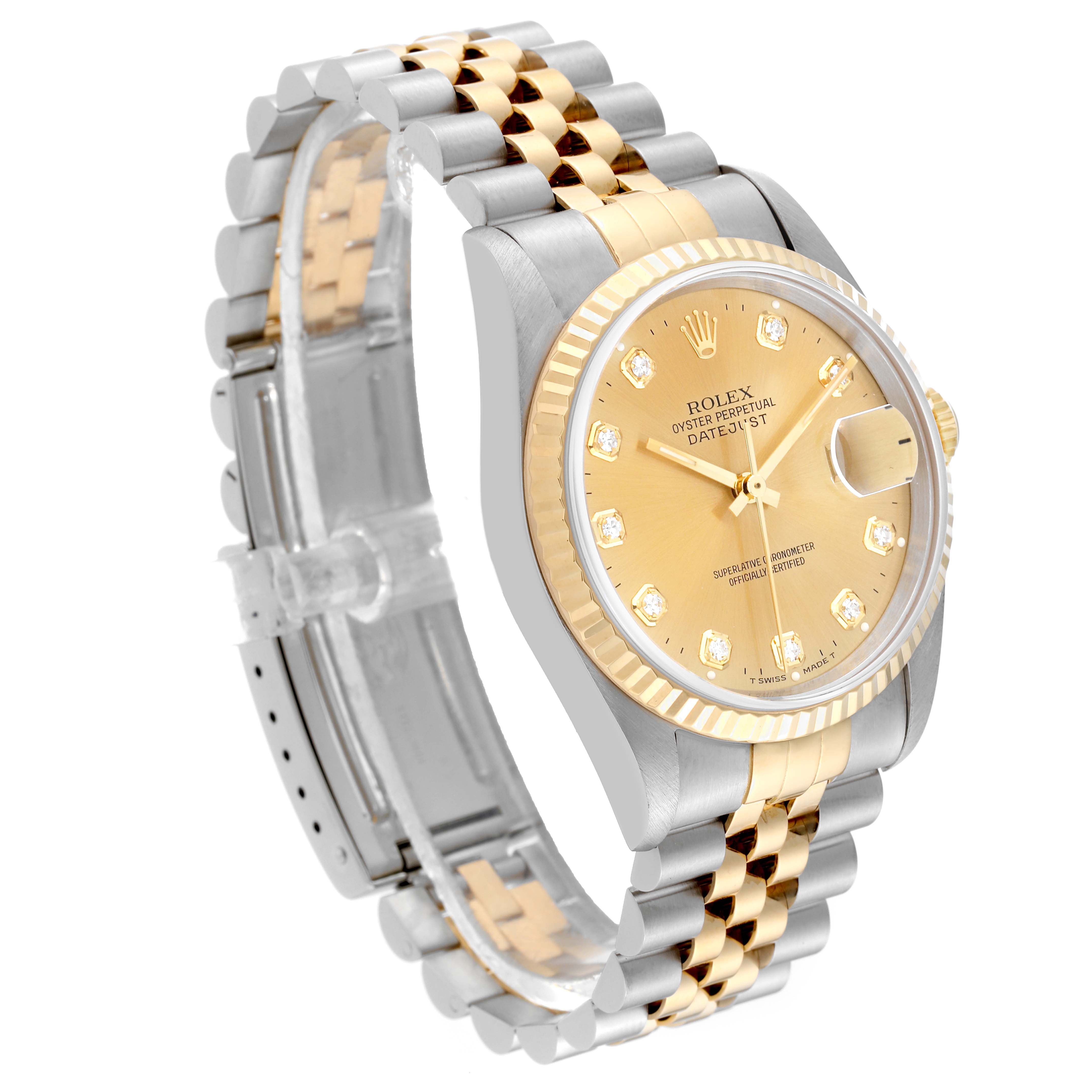 The image shows a Rolex Datejust 16233 Men's Steel and Gold (two tone) Champagne Dial 16233 Men's Steel and Gold (two tone) Champagne Dial watch at a slight side angle, highlighting the two-tone bracelet, dial, and fluted bezel.