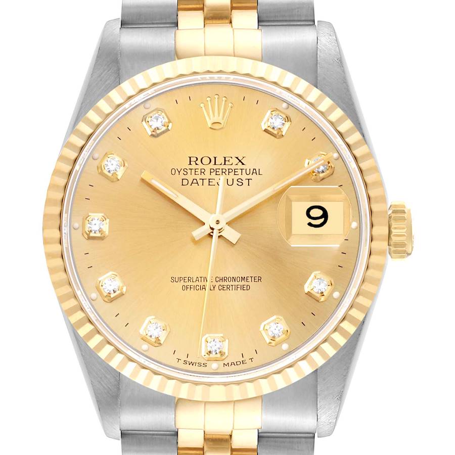 The image shows a close-up, front view of the Rolex Datejust watch, highlighting the dial, date window, and part of the bracelet.