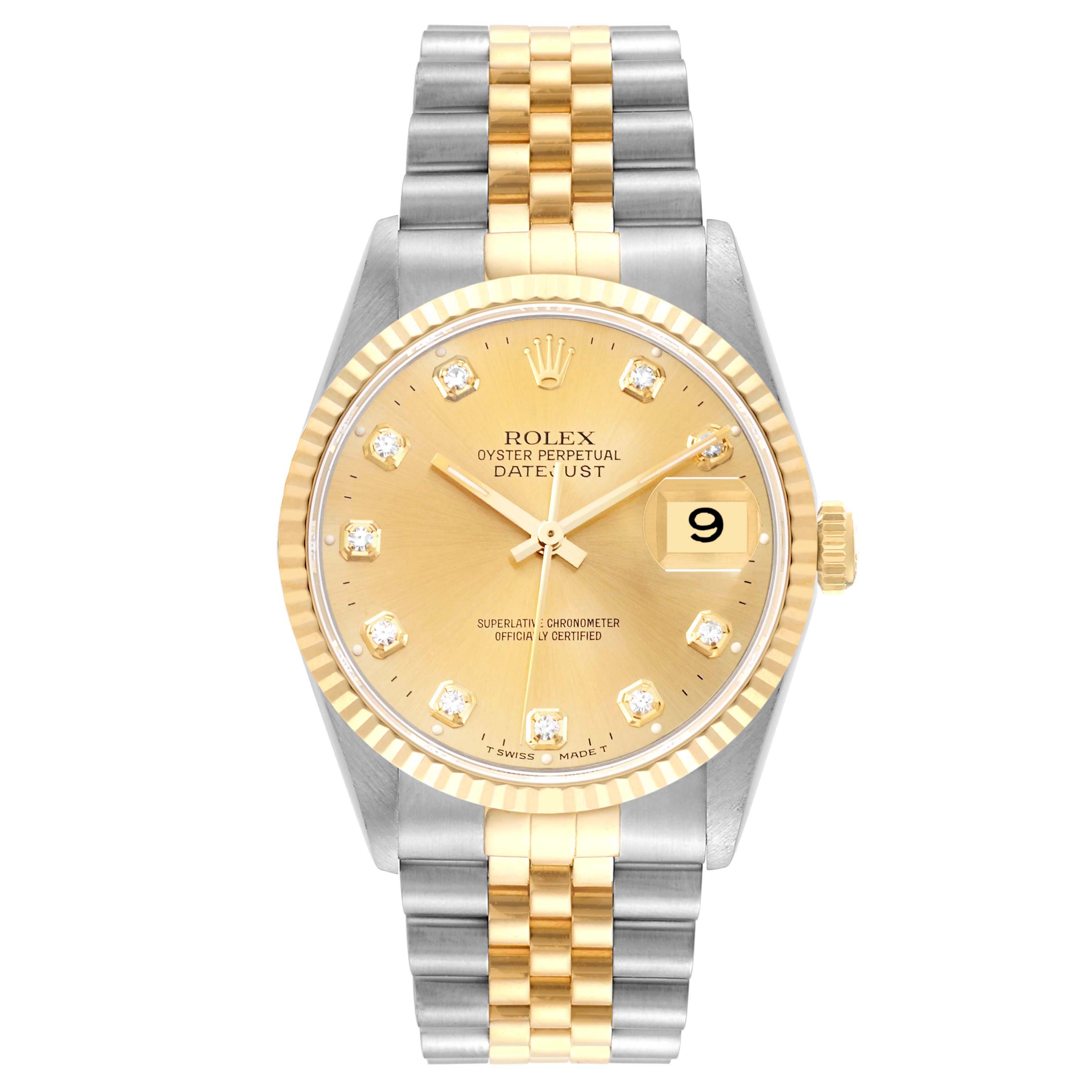 The image shows a Rolex Datejust 16233 Men's Steel and Gold (two tone) Champagne Dial 16233 Men's Steel and Gold (two tone) Champagne Dial model watch from a straight-on angle, highlighting its face, dial, and two-tone bracelet.