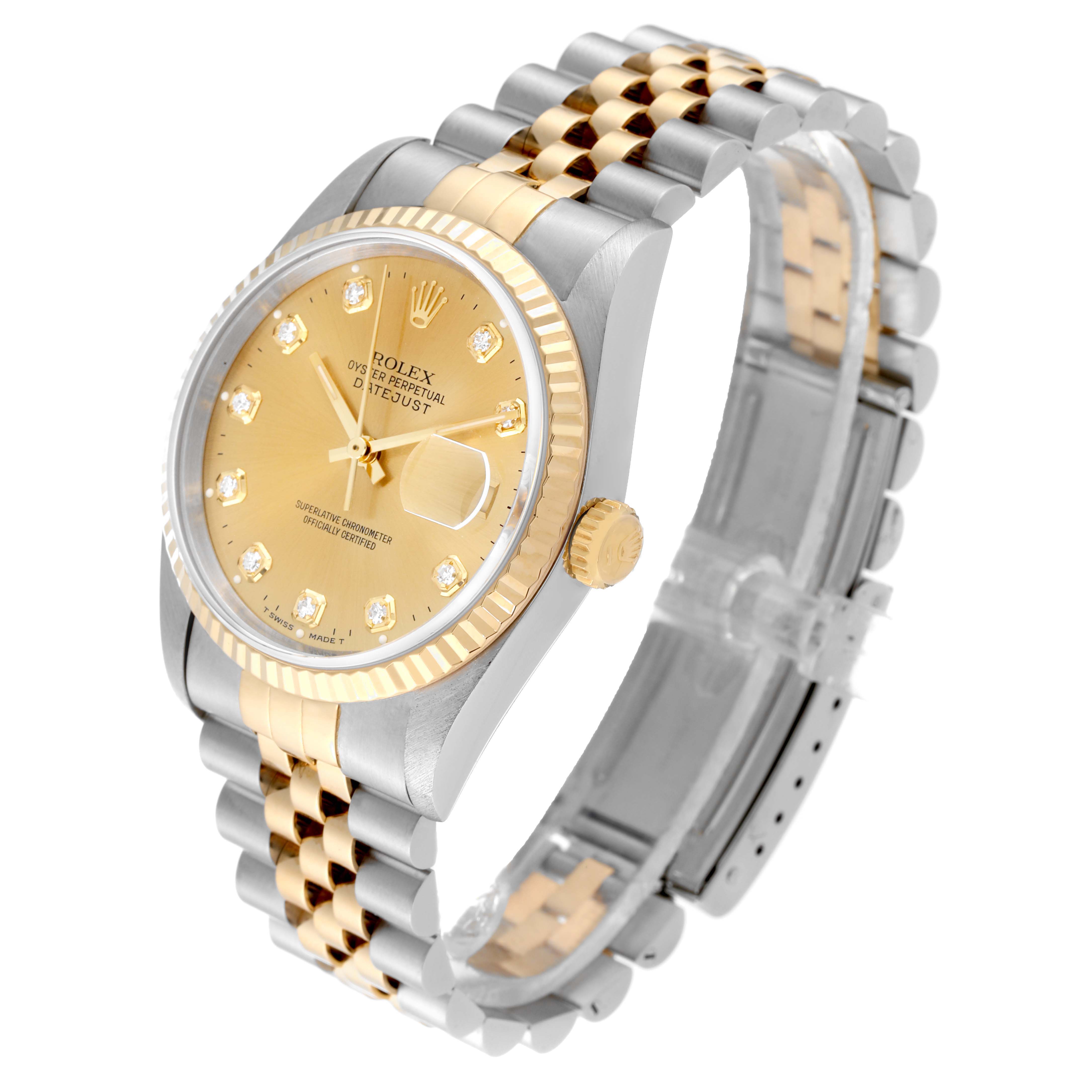 The image shows a Rolex Datejust 16233 Men's Steel and Gold (two tone) Champagne Dial 16233 Men's Steel and Gold (two tone) Champagne Dial watch at a three-quarter angle displaying the face, case, bezel, crown, and bracelet.