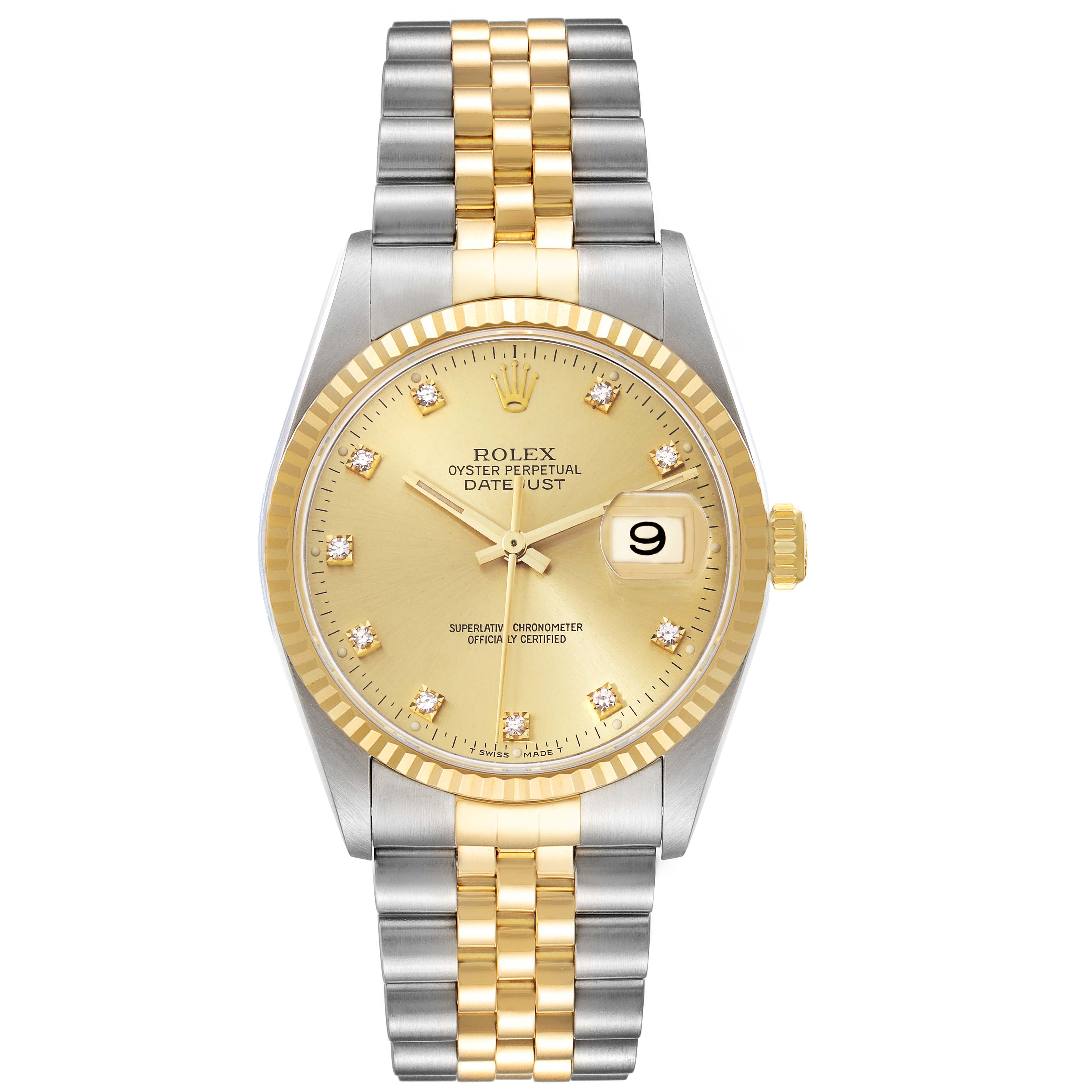 The Rolex Datejust 16233 Men's Steel and Gold (two tone) Champagne Dial 16233 Men's Steel and Gold (two tone) Champagne Dial watch is shown from a front view, displaying the face, bezel, and bracelet.