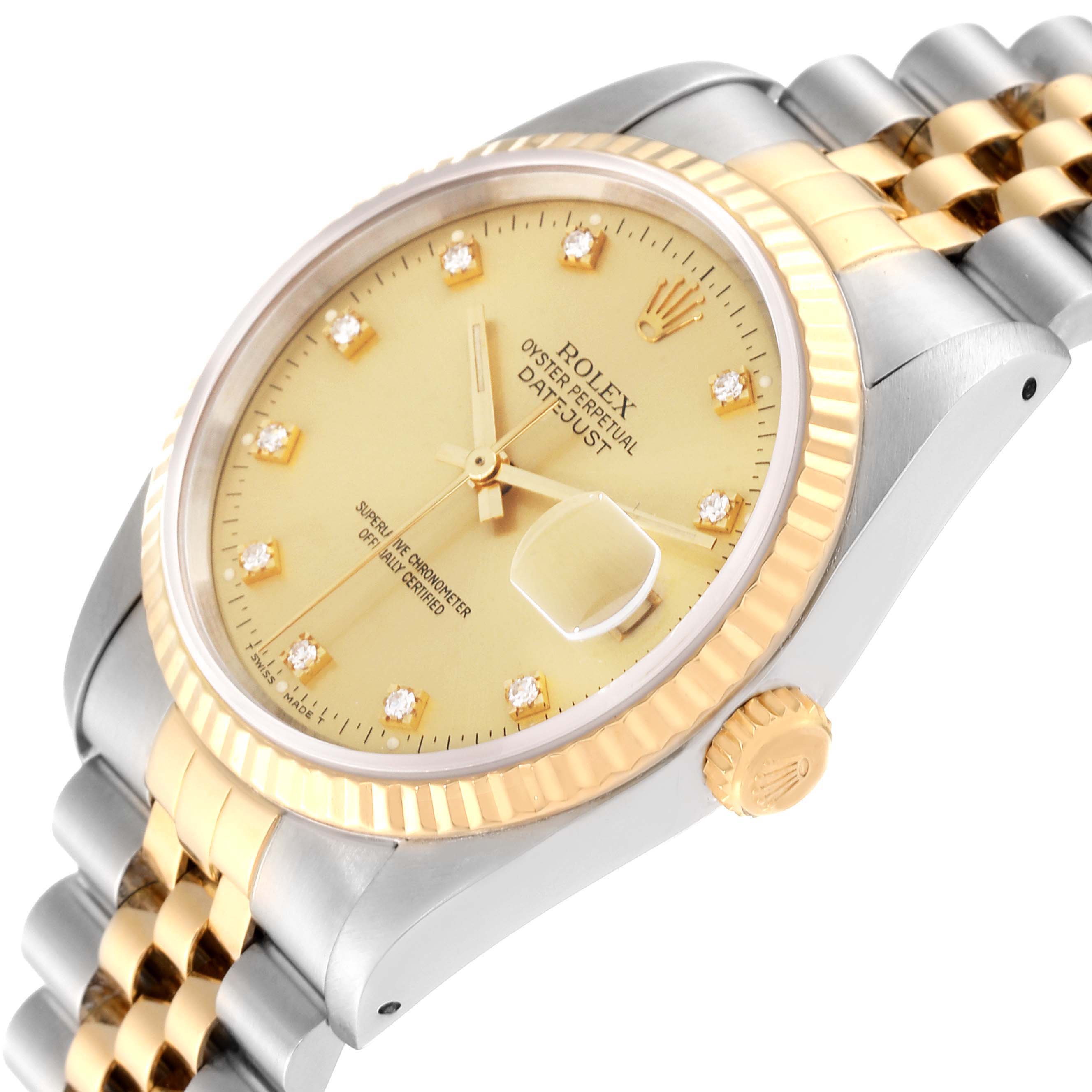 The image shows a Rolex Datejust 16233 Men's Steel and Gold (two tone) Champagne Dial 16233 Men's Steel and Gold (two tone) Champagne Dial watch at a slight angle, highlighting the dial, bezel, crown, and part of the bracelet.