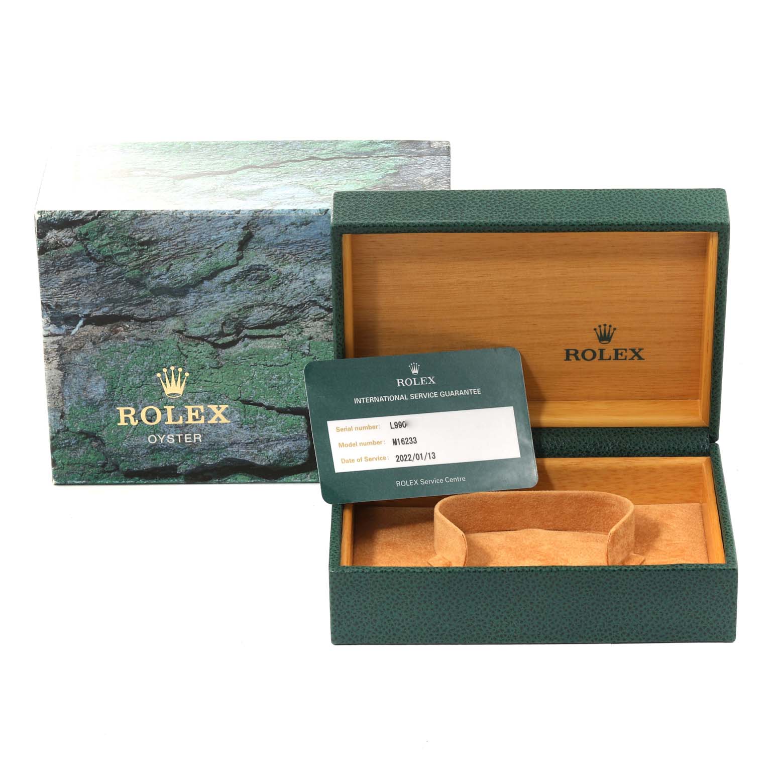 The image shows the packaging box and an international service guarantee card for a Rolex Datejust 16233 Men's Steel and Gold (two tone) Champagne Dial 16233 Men's Steel and Gold (two tone) Champagne Dial watch.
