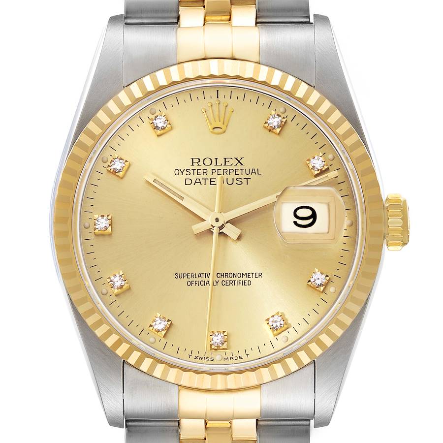 This image shows a Rolex Datejust watch from a front angle, highlighting the gold dial, date window, and bi-metal bracelet.